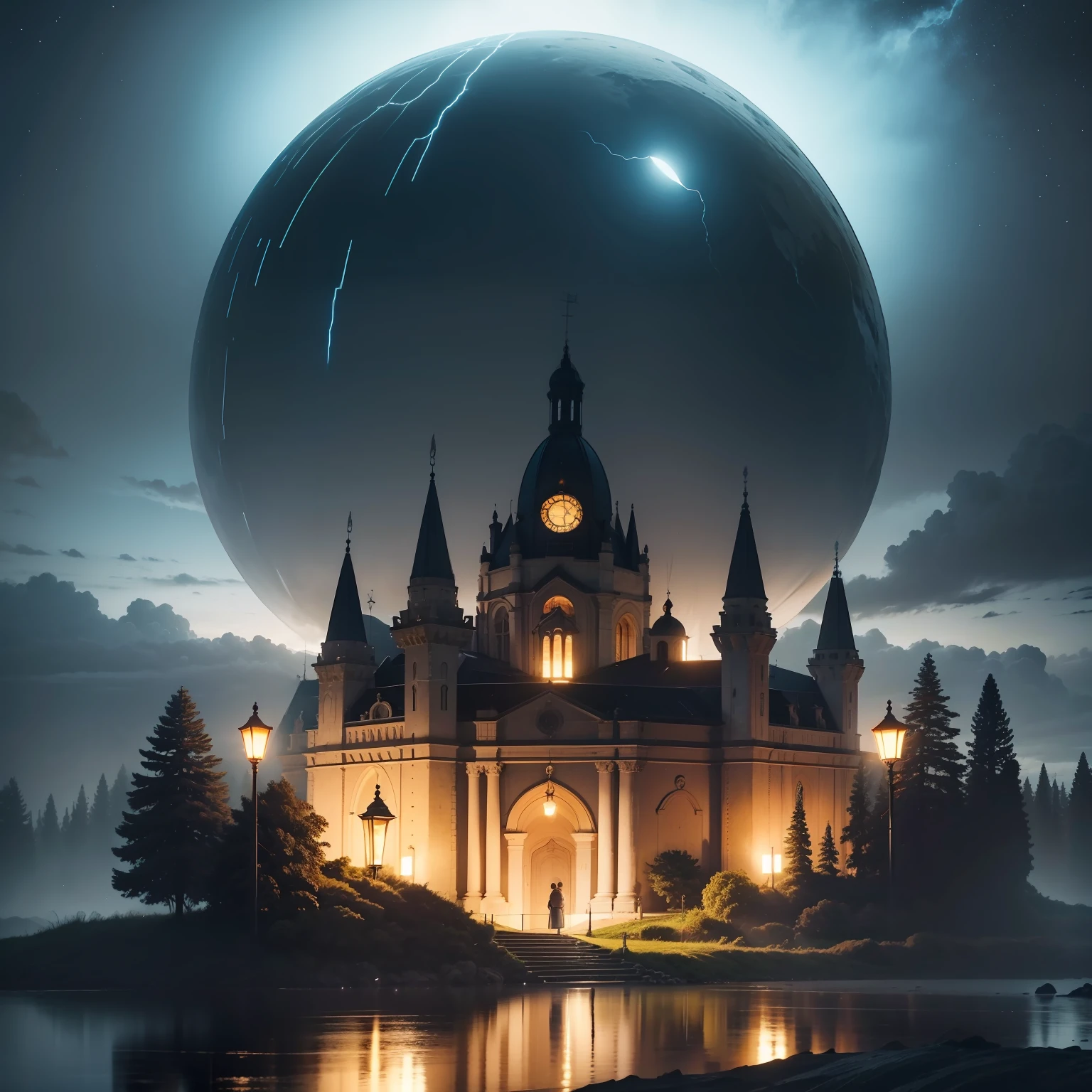 alta qualidade, qualidade mestre, 4k, castelo em meio as montanhas, chuva meia-noite, altamente detalhado, tempestade, nuvens tempestuosas escuras, Vento impetuoso, paisagem de grama plana, Wetlands, few giant trees, uniform lighting, lighting dramatic, Estilo anime, homem com uma lanterna iluminando o local. --auto