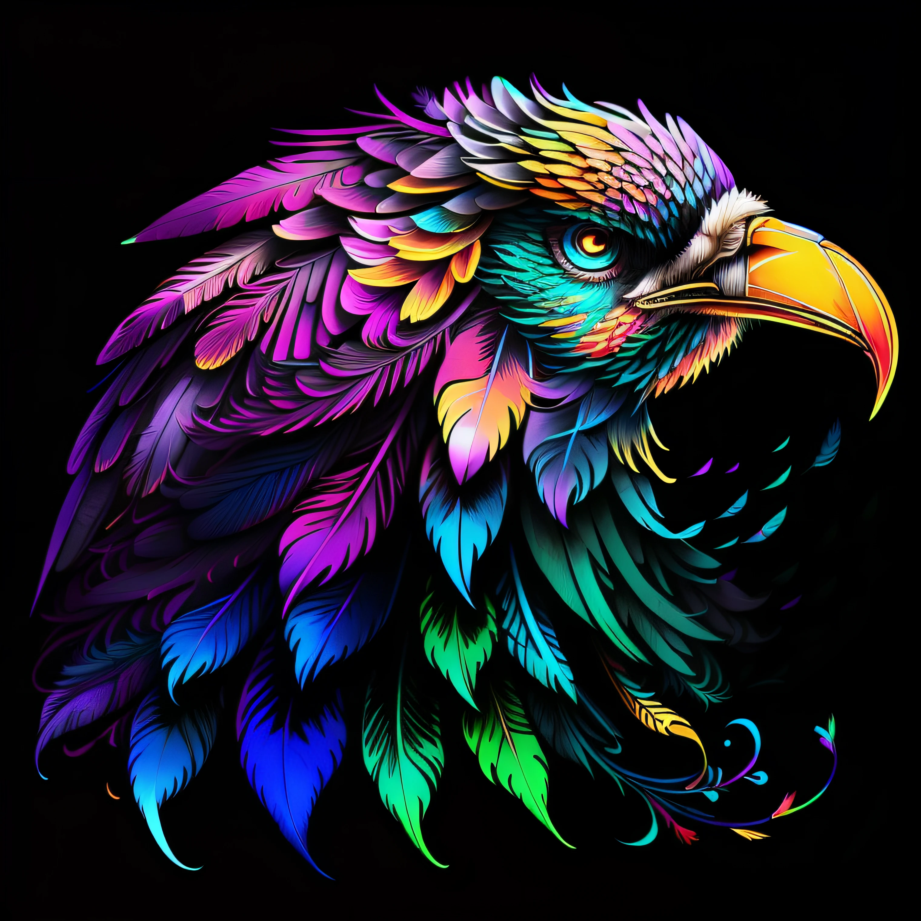 Colorful feathers on black background,colorful feather,Feather ornament,super detailed color art,rainbow gradient bloom,A colorful and intricate masterpiece,Detailed art in color,An intricate color masterpiece,super detailed color art,Psychedelic art style,Complex color,Gorgeous feather design,vibrant, High contrast shadows,Colorful vector art、(1bird、aigle)