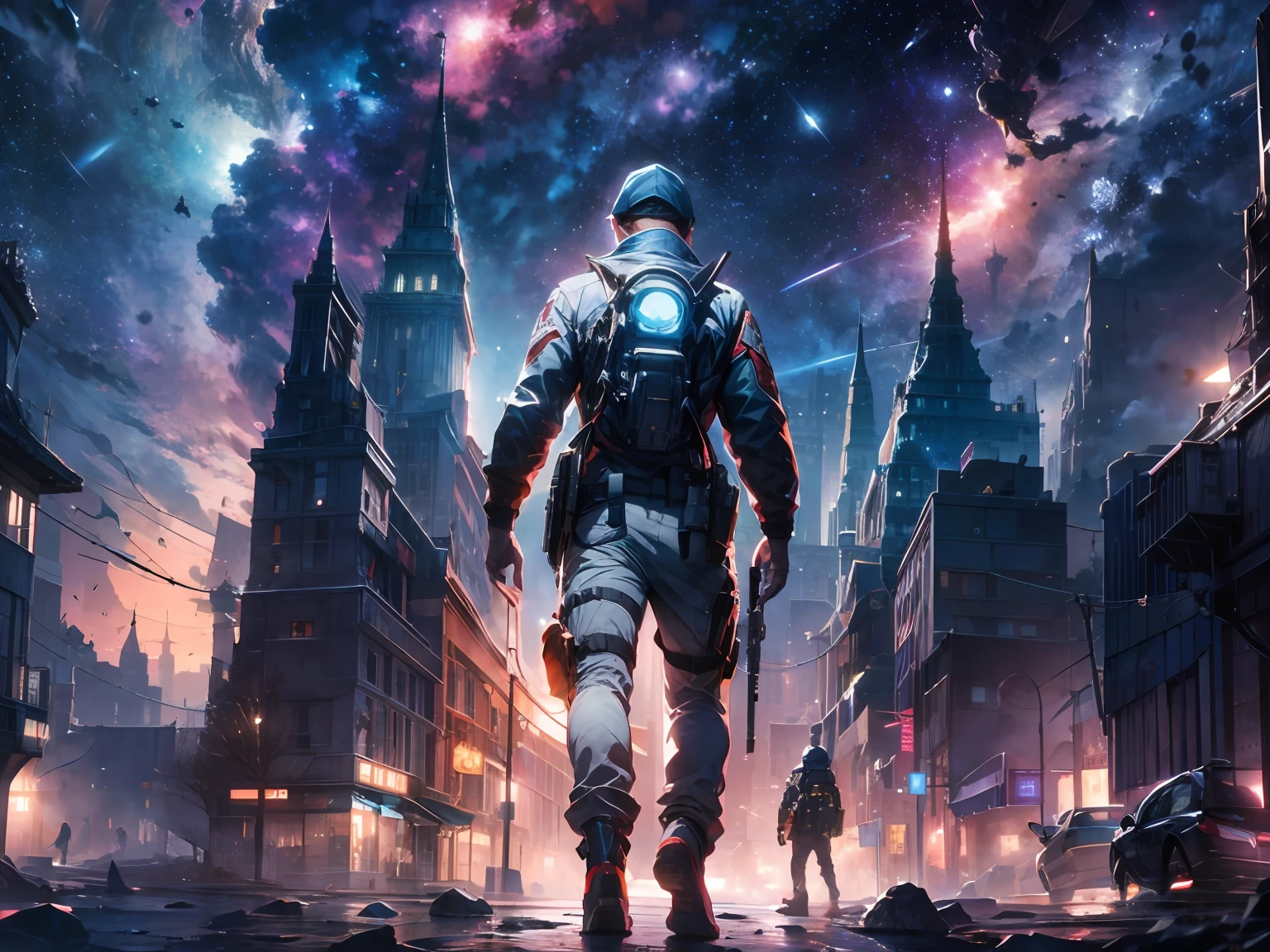 Draw a old men programmer, standing on a research platform floating in the middle of an asteroid belt, turn her back on viewers , from behind,surrounded by several asteroids glowing with fiery auras BREAK Dramatic lighting from distant stars and planets illuminates the scene, casting deep shadows on the suit, looking at the vast and mysterious universe with wonder and respect,BREAK,Detailed,Realistic,4k highly detailed digital art,octane render, bioluminescent, BREAK 8K resolution concept art, realism,by Mappa studios,masterpiece,best quality,official art,illustration,ligne claire,(cool_color),perfect composition,absurdres, fantasy,focused,rule of thirds
