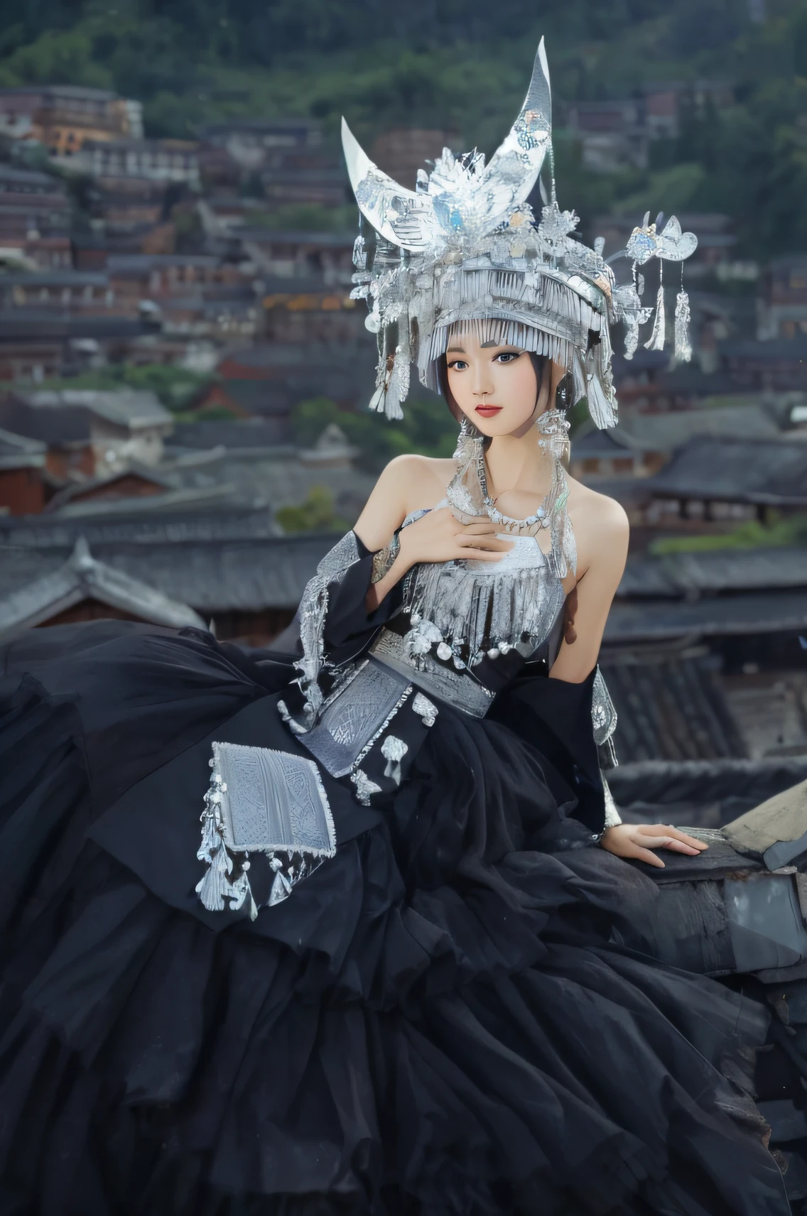 hyper HD, retinas, Masterpiece, ccurate, Textured skin, Super detail, High details, High quality, Best quality, A high resolution,Made from countless silver flowers and birds of various shapes、butterflys、Animals and silver are made up of silver bells,It gives a head full of pearls、Impressive。The Chong'an river-shaped silver cap is semi-bead-shaped,Fully capped,There are two floors: Internal and external。The inner layer is made of winding,Suitable for hat rings,The outer layer is divided into three segments,The upper part is the crown,The crown consists of hundreds of dried honeysuckle,clusters,It is very dense。The top of the hat is in the middle,Silver Fan Tower。Silver fan around,There are several types of phoenix birds、butterflys、The praying mantis is above the flower cluster,Or soar or hesitate,realistic shapes。The midsection lid is printed with silver sheets,There is a pattern of two dragons playing with beads,There are pictures of children playing on both sides。The lower part hangs a row of tassels along the hoop,All connected by a silver chain,Silver bells jingle。Three sets of silver feathers dragged behind the crown,Twelve in total,Feathers waist length,The Arakfi woman sits on the roof,Wearing a black dress and a Hmong silver crown, Chinese costume, traditional tai costume, Chinese traditional, Chinese style, Hanfu, Traditional Chinese clothing, with acient chinese clothes, a beautiful fantasy empress, Palace , A girl in Hanfu, full-body xianxia, queen of the sea mu yanling, Traditional beauty