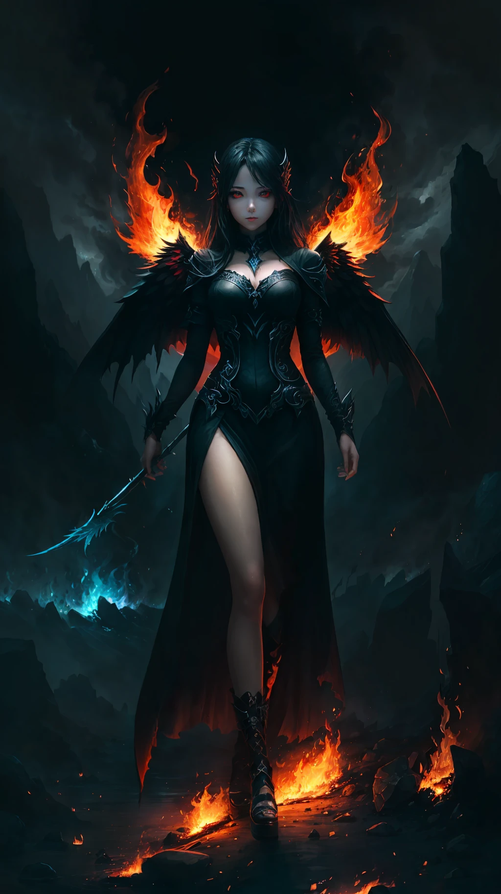 a female angel of darkness, red eyes, black wings, slender and feminine appearance, bands of dark light over her body from head to toe, fire scenery, total darkness, dark, dark scenery,realistic, vivid scenery --auto