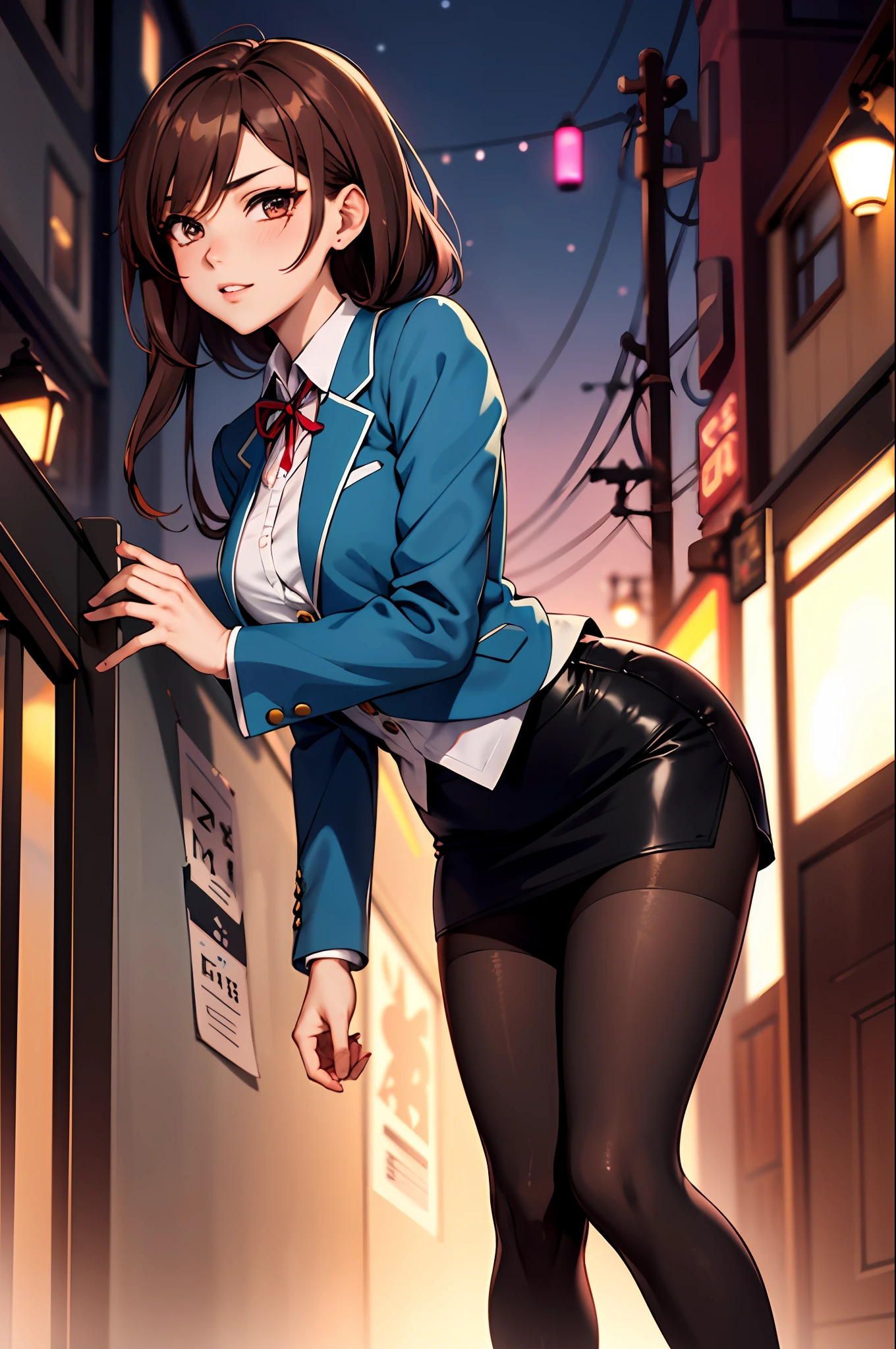 Bewitching anime girl in blue suit and tight skirt、Black tights,Inviting look、Fluffy shirt and brown hair,Ecchi anime style, bending forward,Kamimei,Red Light District at Night,neons