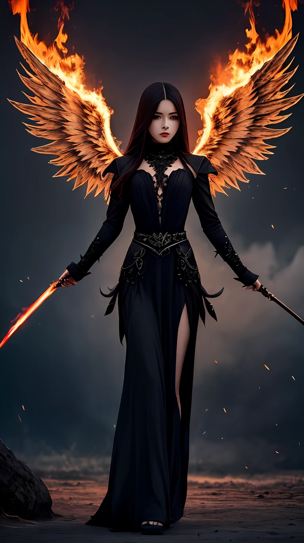 a female angel of darkness, red eyes, black wings, slender and feminine appearance,conservative modesty appearance bands of dark light over her body from head to toe, fire scenery, total darkness, dark, dark scenery, female demon --auto