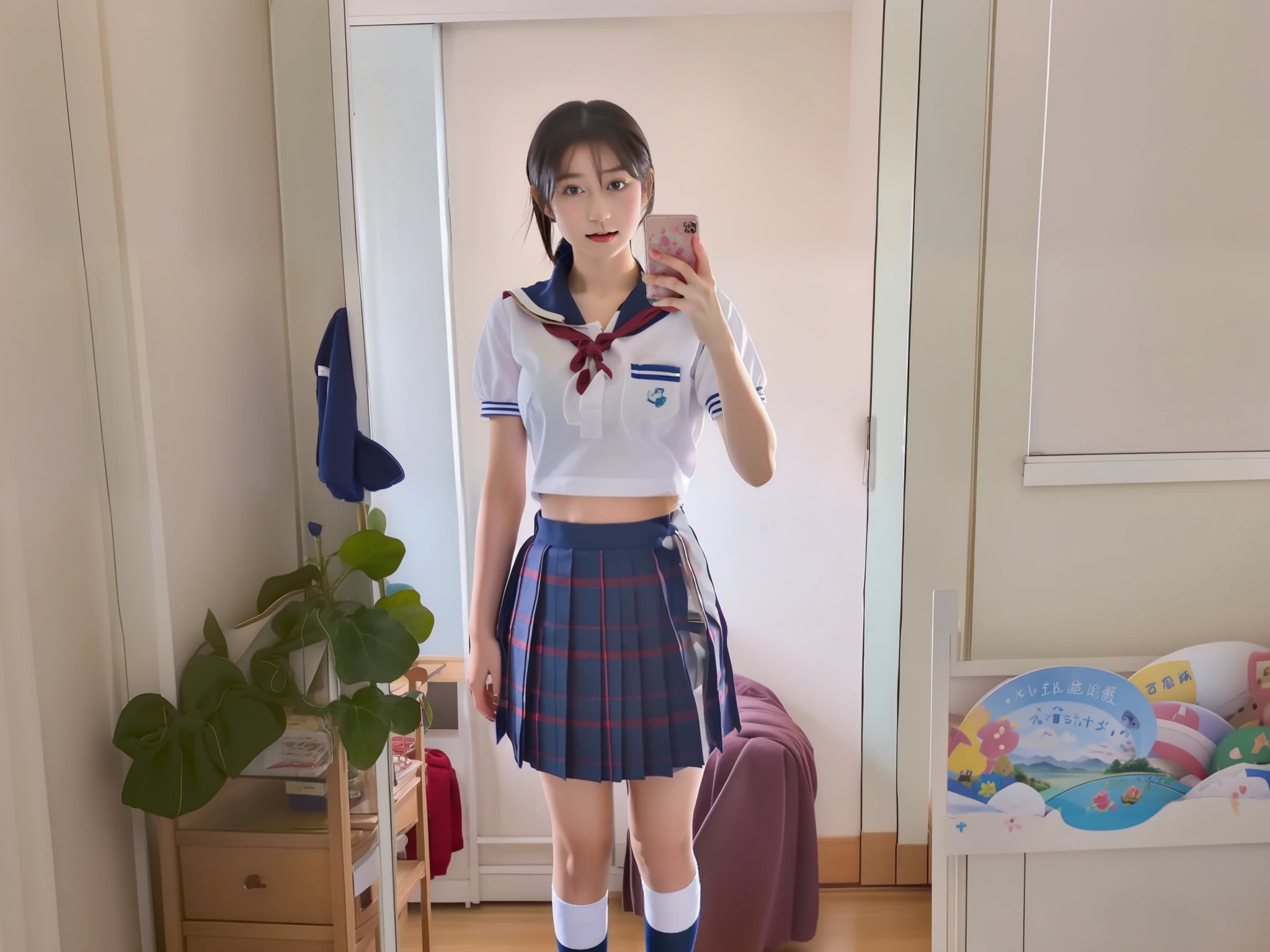 There is a woman taking a selfie in the mirror, in school uniform, Wearing a Japanese school uniform, in school uniform, JK school uniform, Japanese school uniform, Magical school student uniform, japanese girl school uniform, Full body picture, dressed as schoolgirl, seifuku, school uniform, Kantai collection style, High-quality images,White suspender stockings,D-cups,Raised chest,gigantic cleavage breasts,