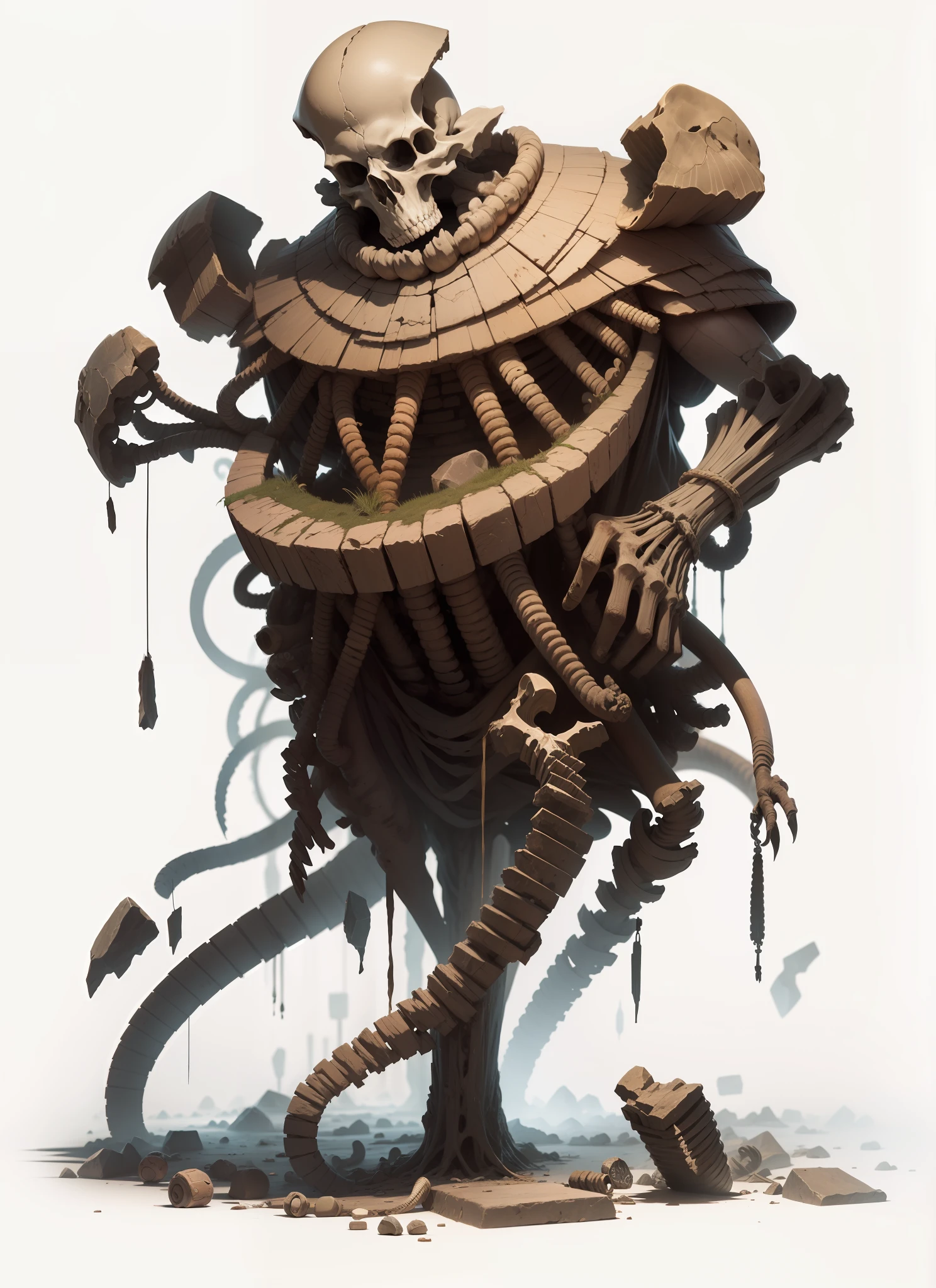 "Backdrop in a dark and mysterious cave, with piles of ancient bones strewn across the floor."