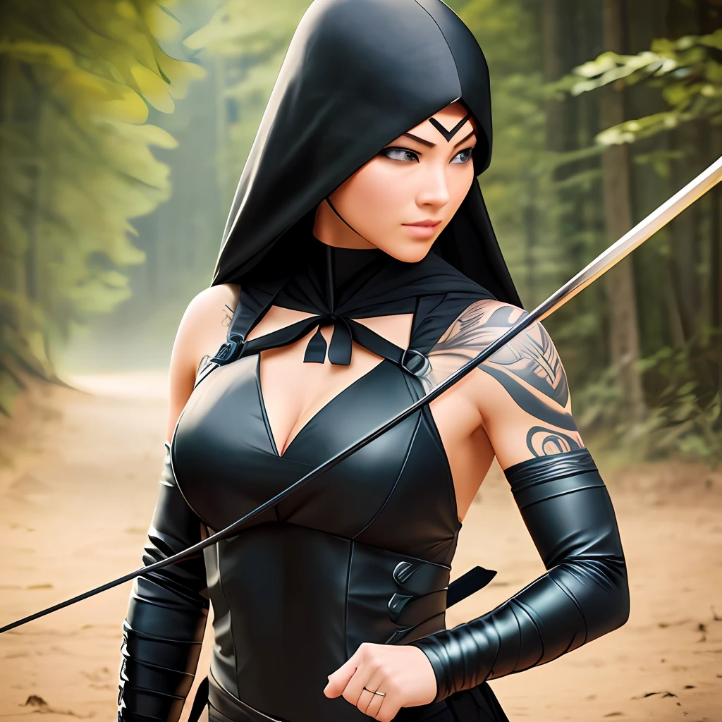 realistic, amazing, high definition, for masked ninja woman tattoo, with bow and arrow on back, best quality, hyperrealistic, 8k, best definition, pointing arrow at camera, blue eyes, straight black hair, veil on head, only with eyes and part of nose and forehead showing, full body, costume, cinematic lighting, complex clothing and patterns, fighting, holding bow, Best quality, masterpiece, ultra high res, (photorealistic: 1.4), part upper body, beautiful girl, full body --auto