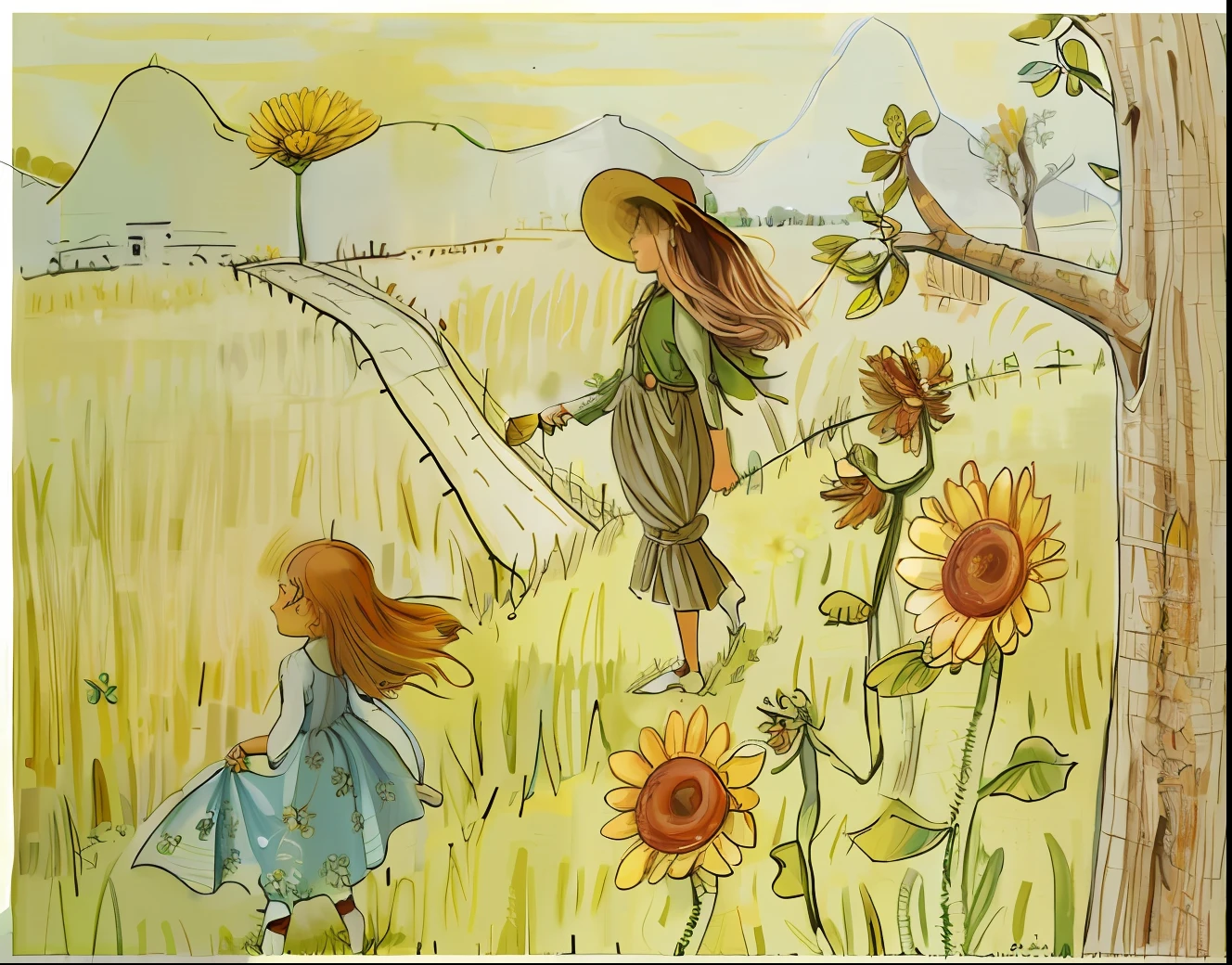 Draw a girl and a scarecrow in a flower field, inspired by Elsa Beskow, author：Alice, inspired by Kate Greenaway, based on child's drawing, author：Reiko Ikemura, author：Zsuzsa Máthé, inspired by Jessie Newbery, author：Flavia Blois, On a sunny day