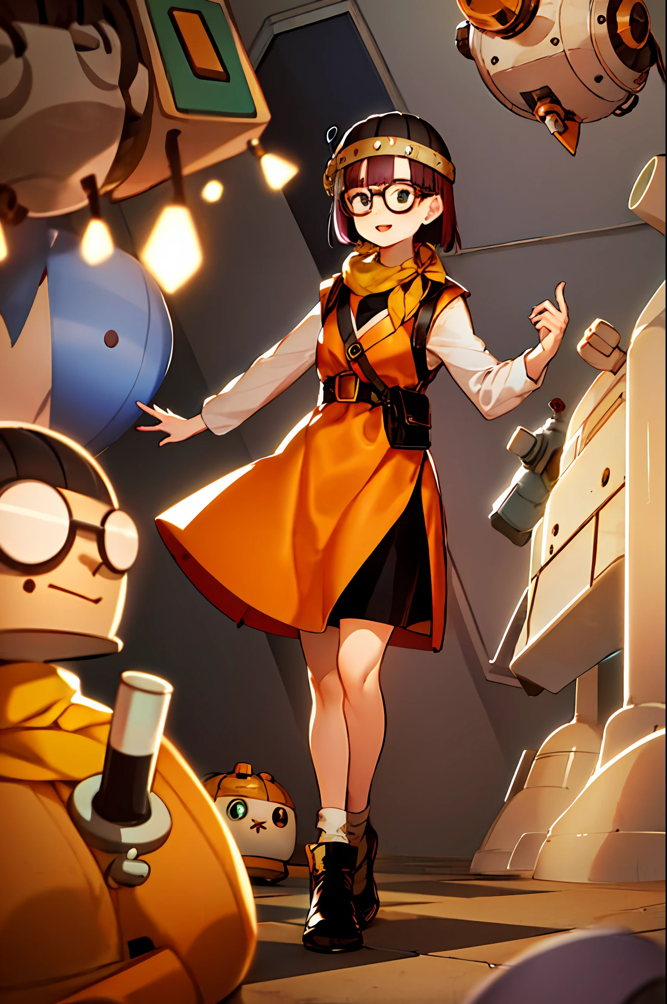 lucca, 1girl, solo, purple hair, short hair, helmet, glasses, standing, yellow scarf, vest, smile, machinery, indoors, robots in background