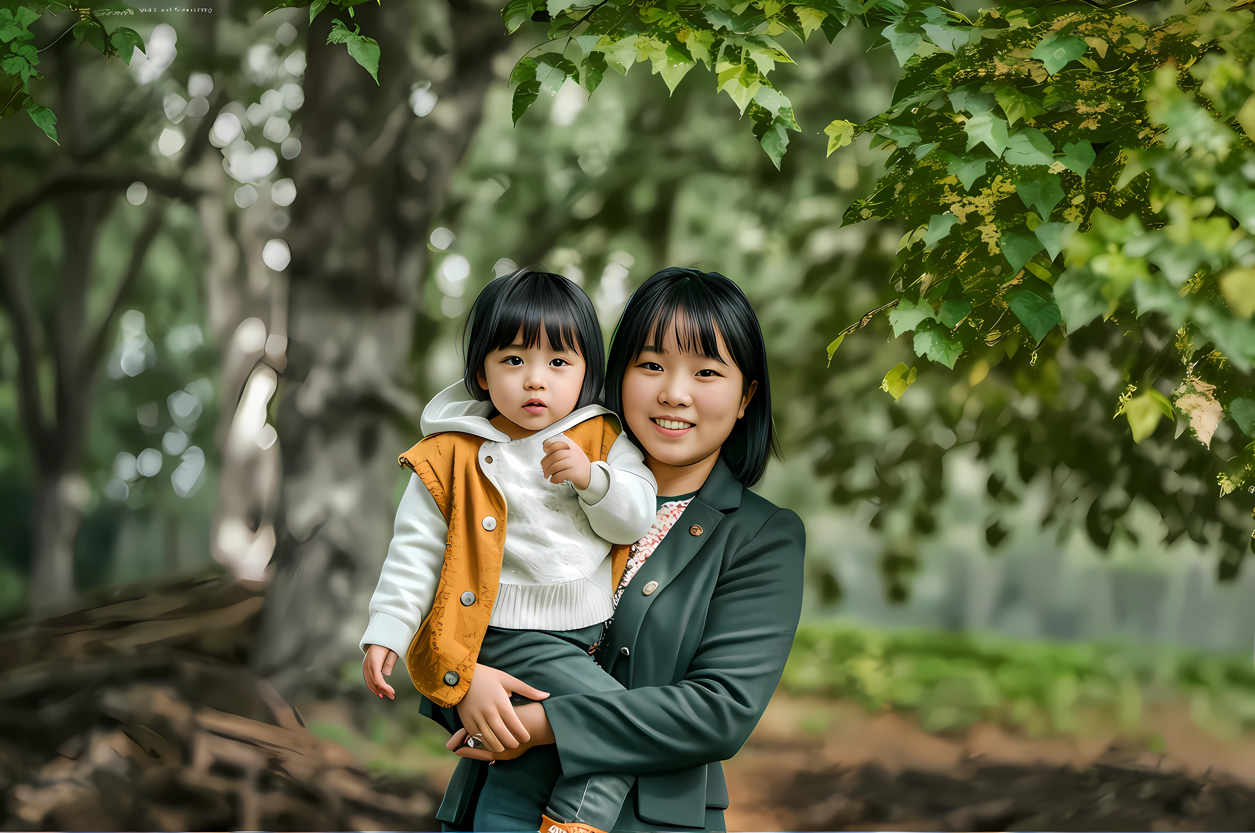 There was an 18-year-old girl with a child in her arms, 7 0 mm portrait, 60mm portrait, 50mm portrait, Portrait image, 1 3 5 mm nikon portrait, Family photography, colour portrait photograph, with ivy, Photo portrait, enviromental portrait, outdoors business portrait, portrait picture,4 k, sigma 85/1.2 portrait