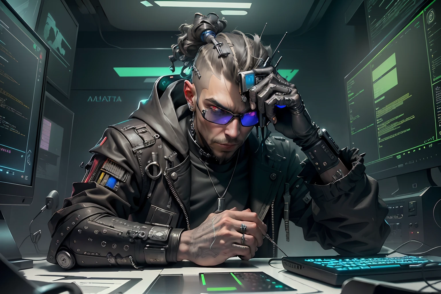 ((Melhor qualidade)), ((obra-prima)), (altamente detalhado:1.3), 3D, bela (cyberpunk:1.3) hacker homem operando um terminal de computador