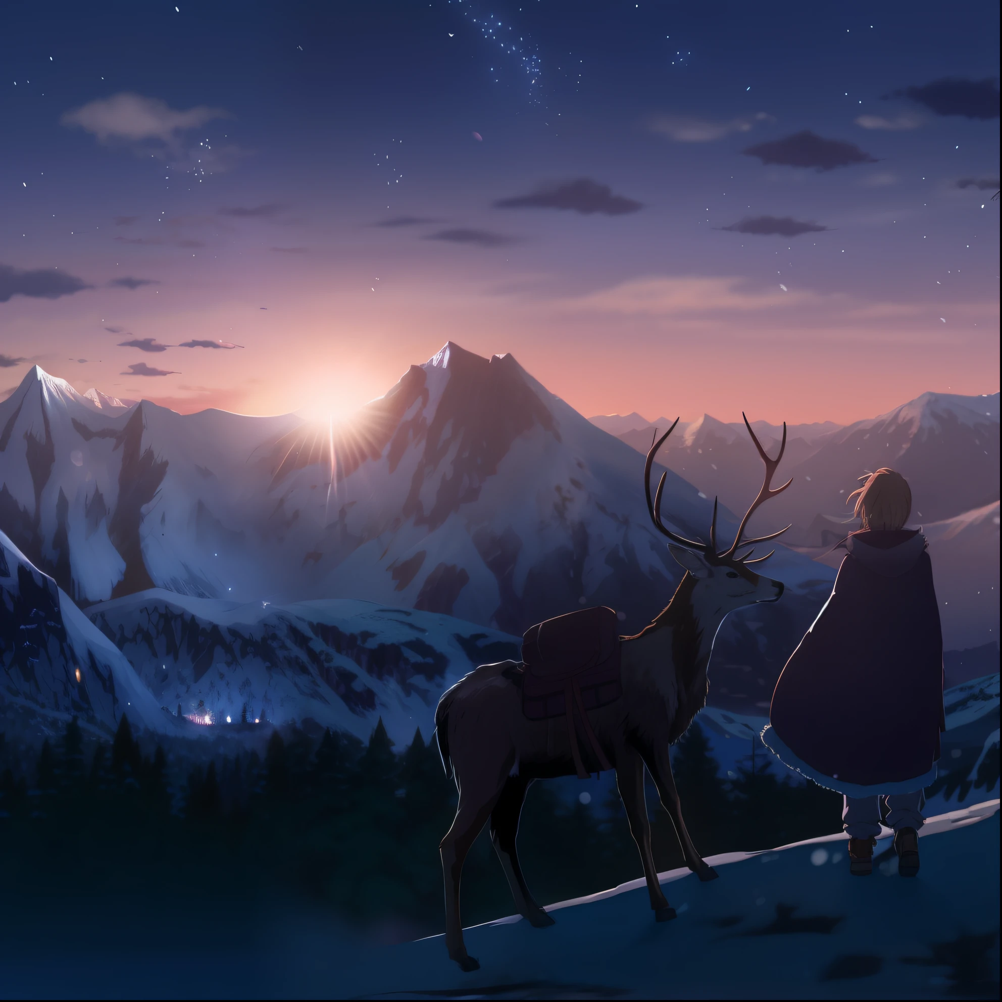 Anime, The last snow, person, deers, Snow, Mountains, Night, wallpaper hd, beautiful anime scenes, anime scene, anime beautiful peace scene, Today's featured anime stills, anime backgrounds, illustration!, ( ( Makoto Shinkai ) ), anime movie backgrounds, anime background key visual, beautiful anime scenery, anime movie scene, 4k manga wallpapers