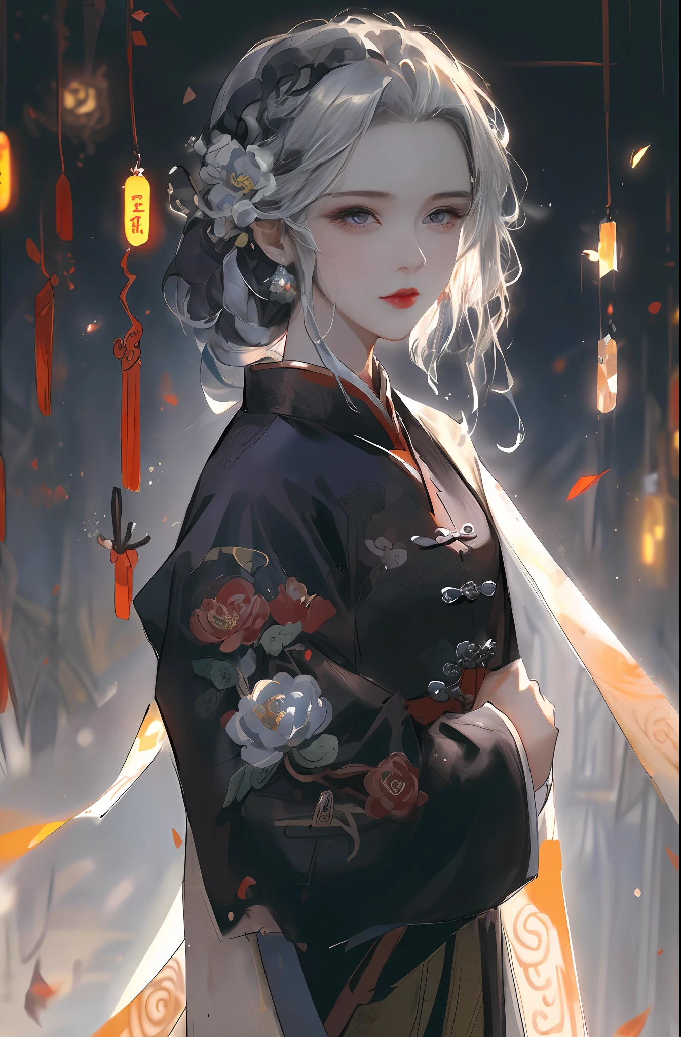 Extremely detailed CG unity 8k wallpaper, highly detailed RAW color photos, masterpiece, most of the body, (background: garden), (1 girl, mature woman), (Chinese style, ancient China, sister, dancer, dark brown hair, dark hair, princess cuts, twisted braids, curly hair, double ball head, coiled hair, streamers, pale pink lips, calm, intellectual, purple eyes, tassels, silver thread, beading, peony flowers, robes, cloaks, silk skirts, embroidery, delicate face), close-up, Light-colored clothes, pretty face, realistic, edge lighting, two-tone lighting, (high detail skin: 1.2), 8k uhd, SLR, soft light, high quality, photo, high resolution, 4k, 8k, Guvez style artwork, Yang J, Qu Leilei, Li Song, Authors: Song Xu, Yang Jin, Zhong Fenghua, Gu Viz, Fan Qi, Shi Tao