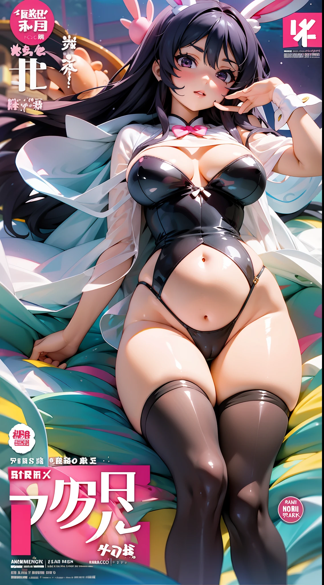 sakurajima mai,bunnygirl,Reveal a fleshy belly,Fleshy thighs，transparent shawl，Ocean park，Pink transparent one-piece stockings，Comic cover style，Comic cover title