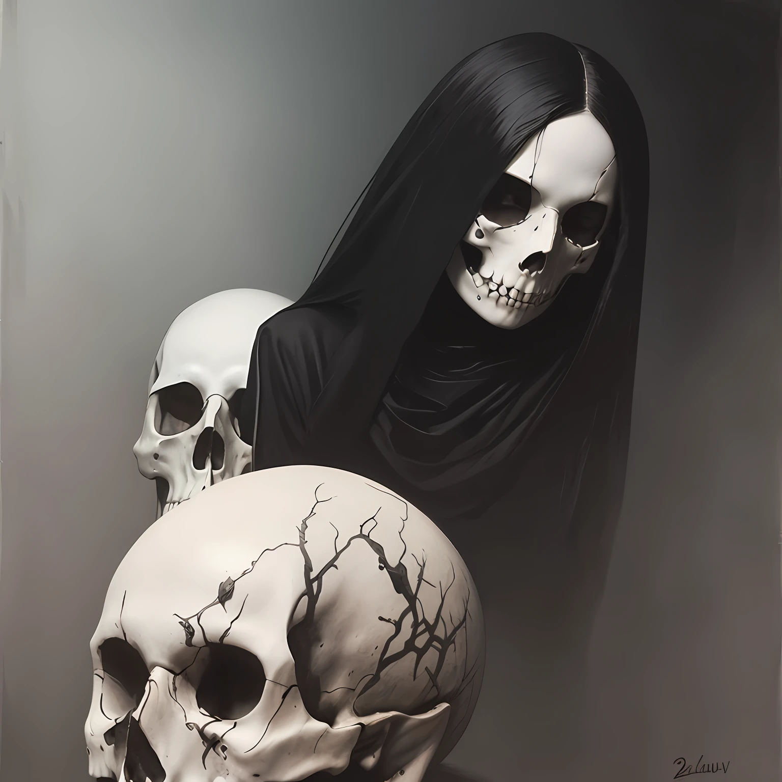 Bealtiful White Gothic woman thinking, skull face tatoo, black hair, pale skin, black dresser, grey fog, dark lights, Horror scene, black forest, dark fantasy, Rococo,by Zdzisław Beksiński, trompe l'oeil perspective, ultra realistic --auto