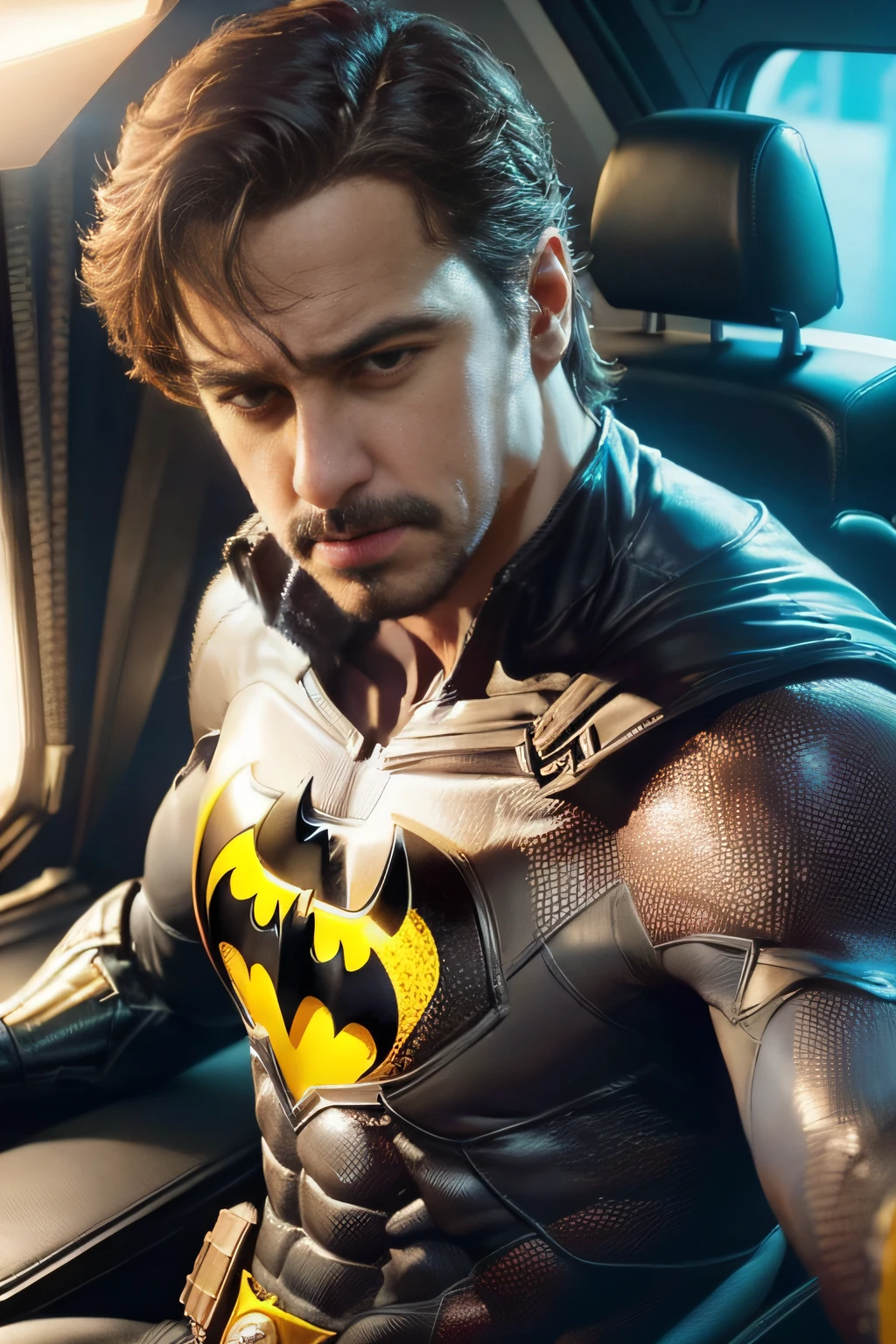 DC Comics, retrato, man Batman, realisticamente, dynamic lights, filmagem completa, (papel de parede 8k extremamente detalhado da unidade CG), trending on ArtStation, trend at CGSociety, alto detalhe, foco nítido, dramatic, fotorrealista.