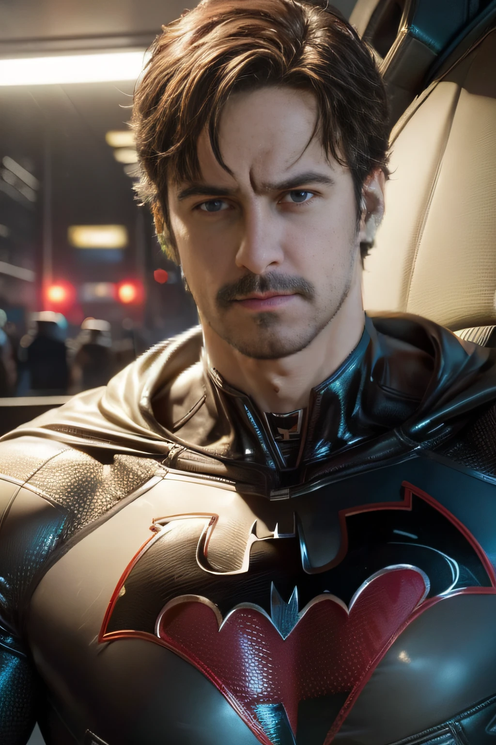 DC Comics, retrato, man Batman, realisticamente, dynamic lights, filmagem completa, (papel de parede 8k extremamente detalhado da unidade CG), trending on ArtStation, trend at CGSociety, alto detalhe, foco nítido, dramatic, fotorrealista.