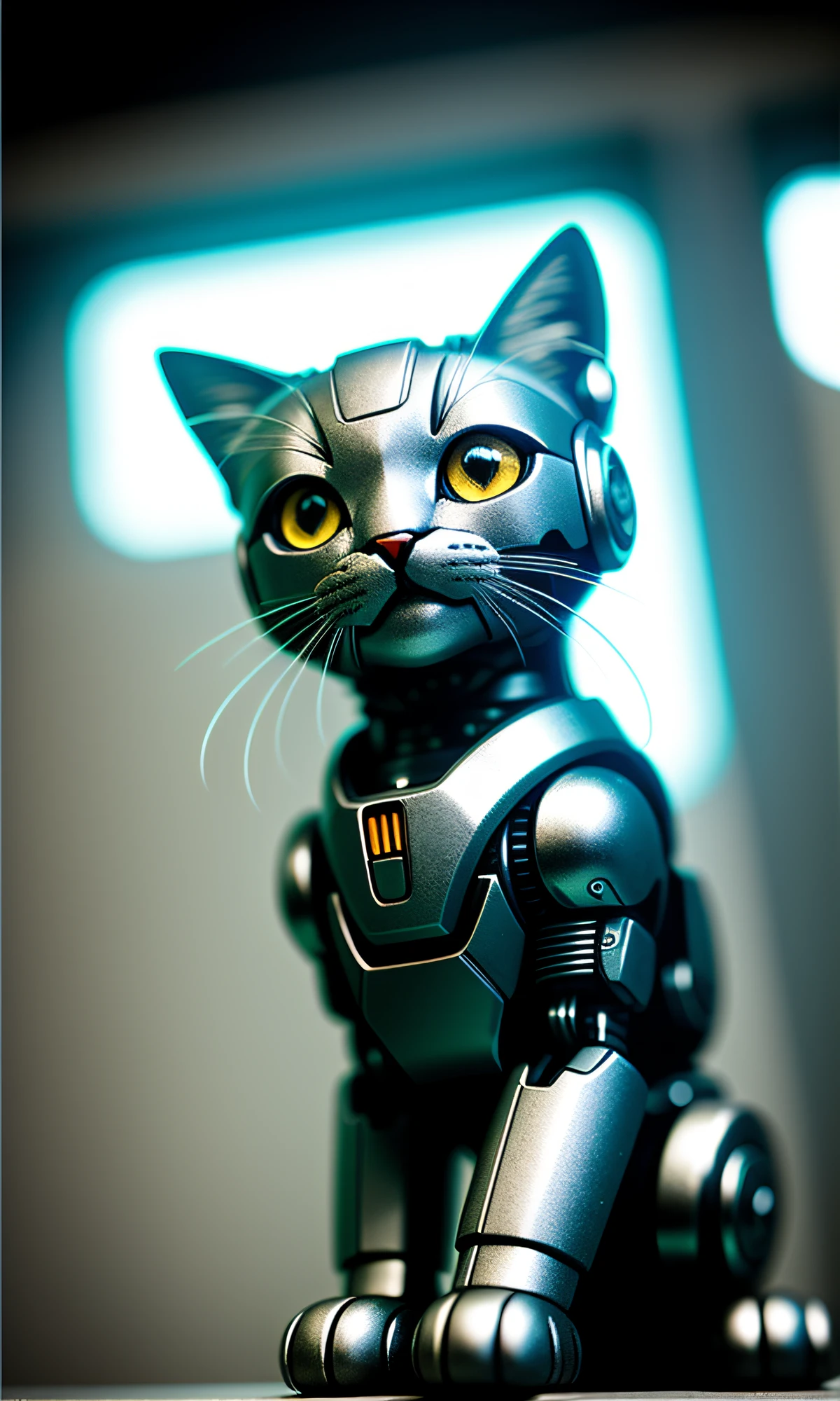 cute kitten made of metal, (cyborg: 1.1), ([tail | detailed wire]: 1.3), (complex detail), HDR, (complex detail, super detail: 1.2), cinematic shot, vignette, center