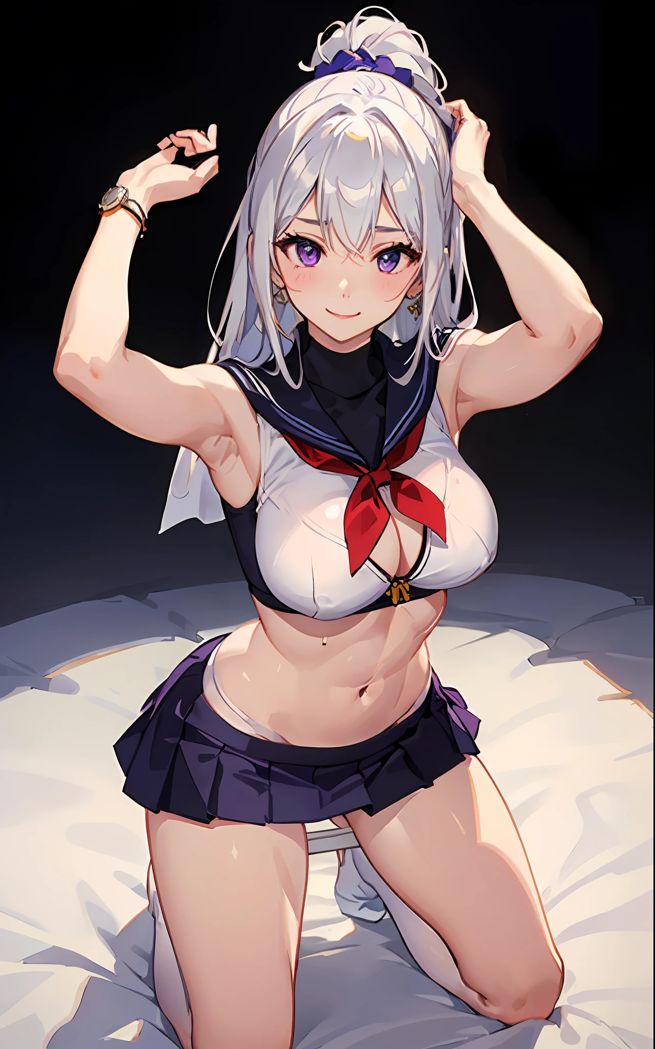 1 girl,masterpiece、beautiful lighting、Detailed beautiful face、Detailed beautiful eyes、hight resolution、Ultra-fine illustration、extremely delicate and beautiful、top-quality、The whole body is shown,(A :1.7),30s、small titslvery hair:1.2、High Ponytail:1.5、Purple eyes)、(The eyes are detailed and beautiful、Kamimei),Curvaceous, (Kneeling:1.5)、A smile、(shinny hair, Glossy eyes, shinny skin), (glistning skin) 、(Recurve the body、up chest)、Armpit、raise arms、hands behind head、gloves、elbowgloves、Emphasis on the chest、Open legs、white thighhig、thick thight、(a sailor suit、Sleeveless 、turtle neck)、(a short skirt:1.2)、Watch your audience、under the boobs、bl、(white panty hose:1.ushing cheeks、(abdominals:1.3)、The navel is hidden:1.3