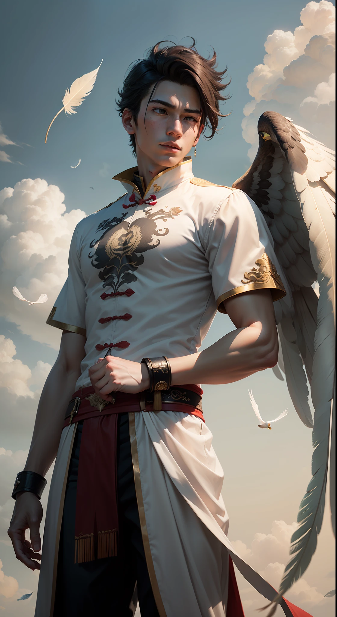 1boy, (8k, best picture quality, masterpiece: 1.4), final fantasy, (fantasy), (lighting), solo, white chinese chat, chinese clothes, (handle Feather Fan), feather, white cloth, cloud, eagle, wings