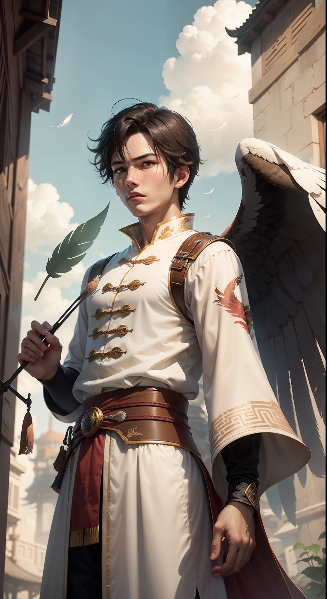 1boy, (8k, best picture quality, masterpiece: 1.4), final fantasy, (fantasy), (lighting), solo, white chinese chat, chinese clothes, (handle Feather Fan), feather, white cloth, cloud, eagle, wings