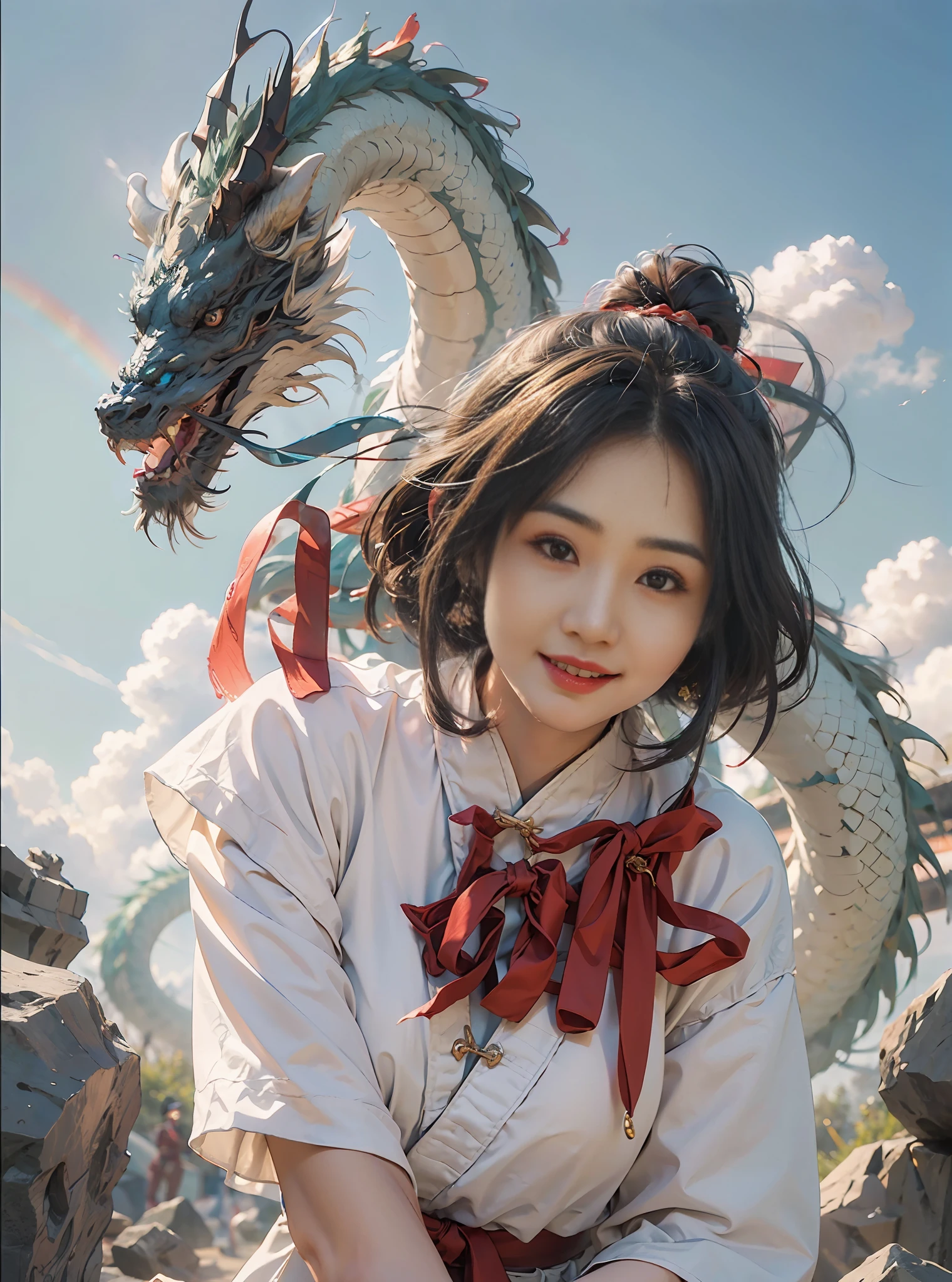 Best quality, masterpiece, illustration, very detailed, 1 girl, 1 white Chinese dragon as background, beautiful and detailed girl, very detailed eyes and face, light on face, movie lighting, looking at the audience, rainbow candy, smile, full body, full_body shot, (from the front: 1.2), (((majestic))), floating, blue sky, stone, blue sky, Chinese dragon, glowing blue, clouds, traditional Chinese elements, Chinese red, traditional Chinese hair accessories, elegant hair, floating ribbon, martial cloak, shu style, (martial arts: 1.2), hanfu