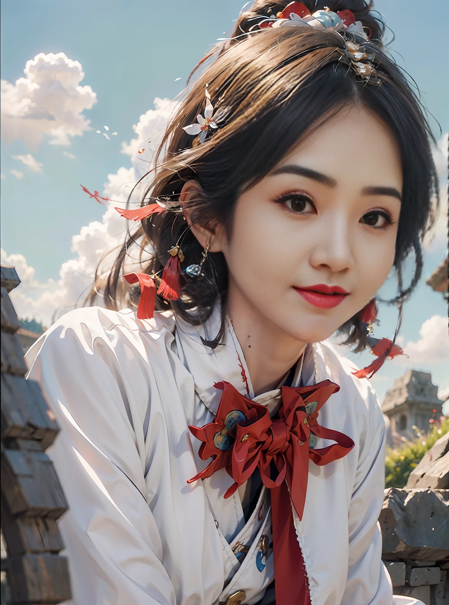 Best quality, masterpiece, illustration, very detailed, 1 girl, 1 white Chinese dragon as background, beautiful and detailed girl, very detailed eyes and face, light on face, movie lighting, looking at the audience, rainbow candy, smile, full body, full_body shot, (from the front: 1.2), (((majestic))), floating, blue sky, stone, blue sky, Chinese dragon, glowing blue, clouds, traditional Chinese elements, Chinese red, traditional Chinese hair accessories, elegant hair, floating ribbon, martial cloak, shu style, (martial arts: 1.2), hanfu