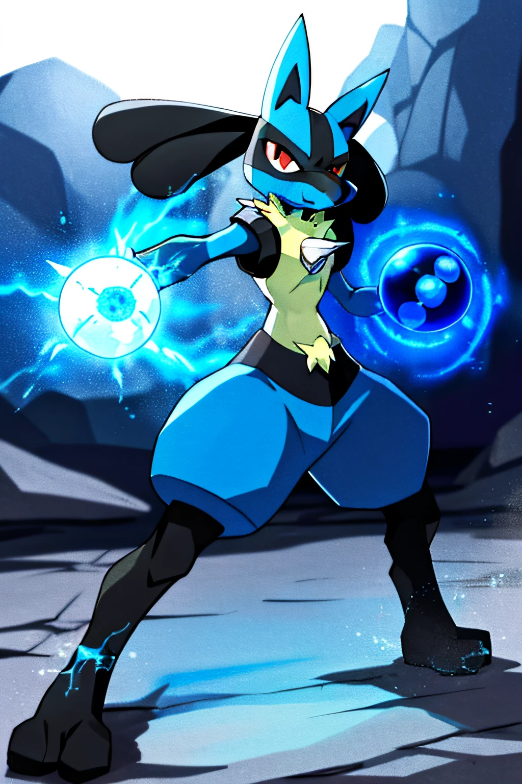 lucario, red eyes,  attack stance, casting a blue energy ball, detailed, professional lights, spikes, anime, centered, outside, cave,  blue fur, wolf, medium muzzle, ((sparks around body))