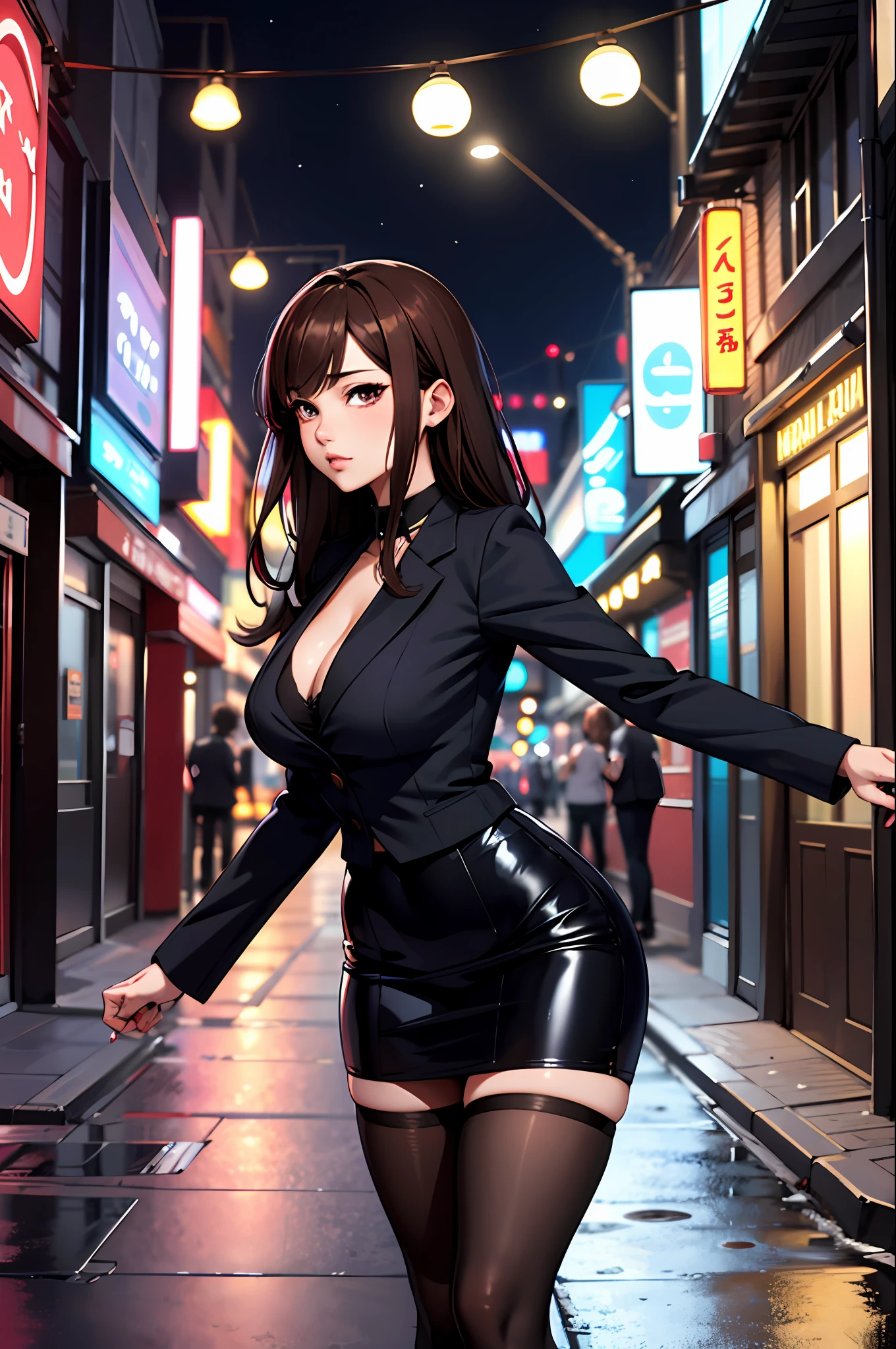 Bewitching anime girl in blue suit and tight skirt、Black tights,Inviting look、black top and brown hair,,,,,Ecchi anime style, bending forward,Kamimei,Red Light District at Night,neons