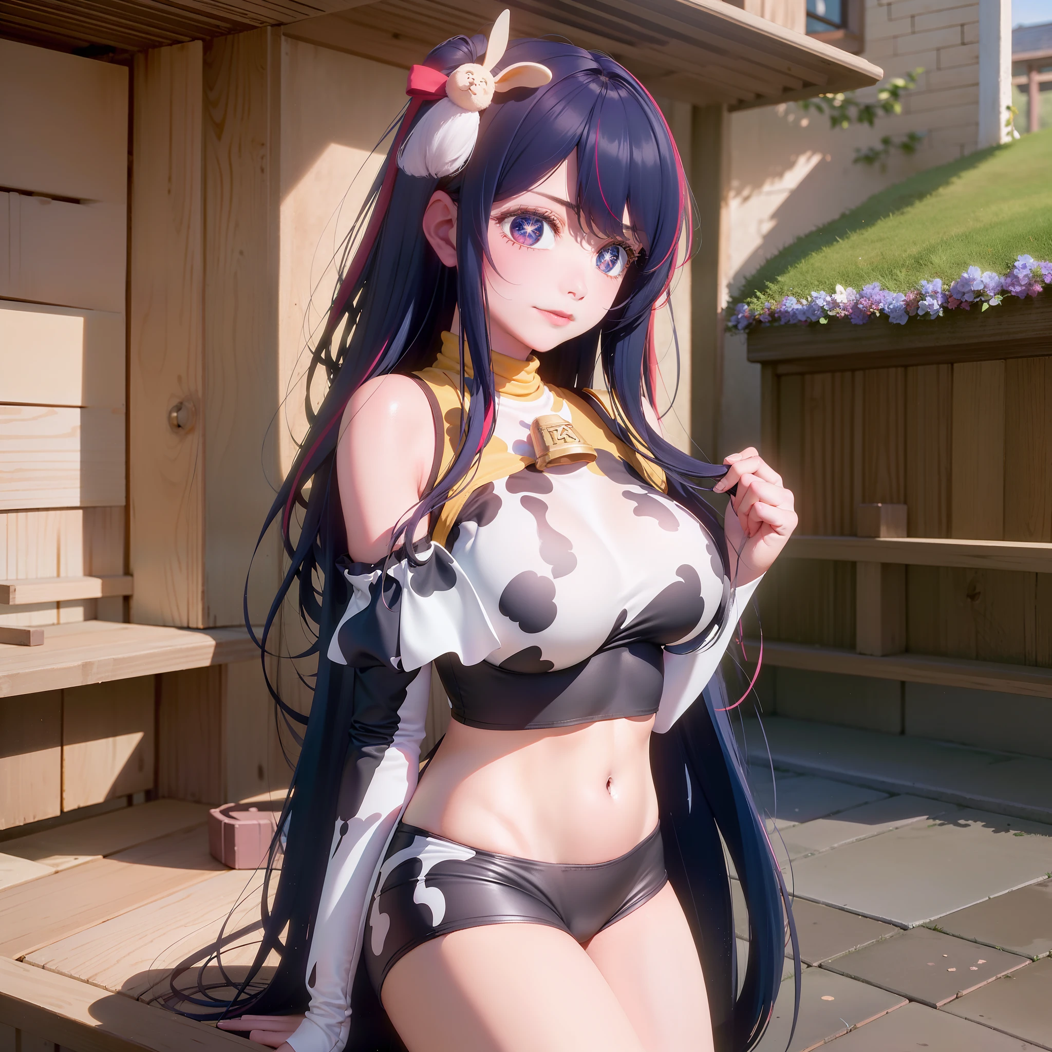 (photorealistic:1.4), (masterpiece, sidelighting, finely detailed beautiful eyes: 1.2), masterpiece*portrait, realistic, 3d face, ganyu \(genshin impact\), 1girl, ahoge, architecture, By bangs,Bare shoulders,Bell,black glove,blacksilk,(blue hair),Blushlush,beauty breast,Chinese knot,the sleeve,flower knot,mitts,cow horn,long whitr hair,grandstand,middlebreast,Bare belly and thighs,Neckbells