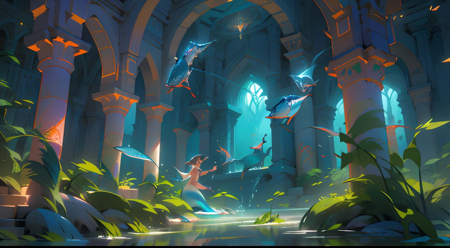 intricately details, Underwater fantasy, Coral structures,((( Elf mermaids perform water magic))), Anglerfish glow in the dark, The beam flows down, Seagrass blows in the current, Ancient pillars and arches, Pearl giant oyster, Clownfish and Regal Don, Complex patterns and textures, voluminetric lighting, Cinematic atmosphere, trending on artstationh