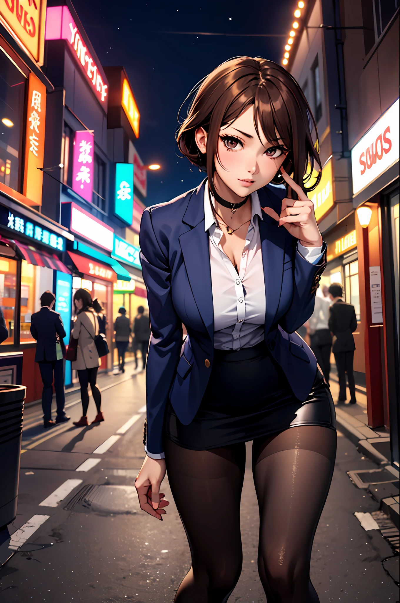 Bewitching anime girl in blue suit and tight skirt、Black tights,Inviting look、Show off your chest、Shirt and brown hair,Ecchi anime style, bending forward,Kamimei,Red Light District at Night,neons