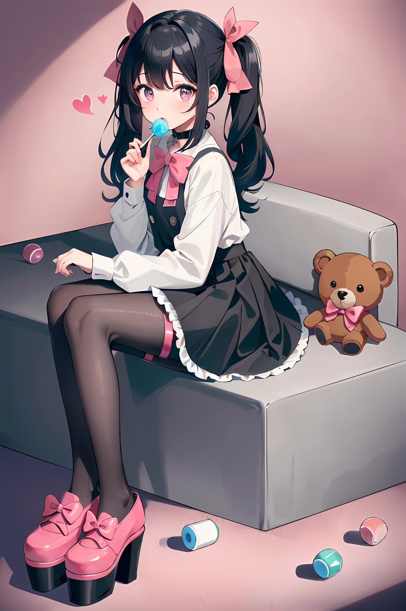 masterpiece, best quality, (jirai_kei),1girl, solo, long_hair, looking_at_viewer, shirt, black_hair, long_sleeves, bow, ribbon, twintails, sitting, monochrome, hair_bow, heart, pantyhose, frills, food, shoes, choker, blunt_bangs, black_skirt, pink_eyes, stuffed_toy, pink_background, stuffed_animal, frilled_skirt, pink_bow, (fishnets), candy, bandaid, pink_shirt, teddy_bear, lollipop, (fishnet_pantyhose), platform_footwear, pink_theme, pill, heart-shaped pupils,
