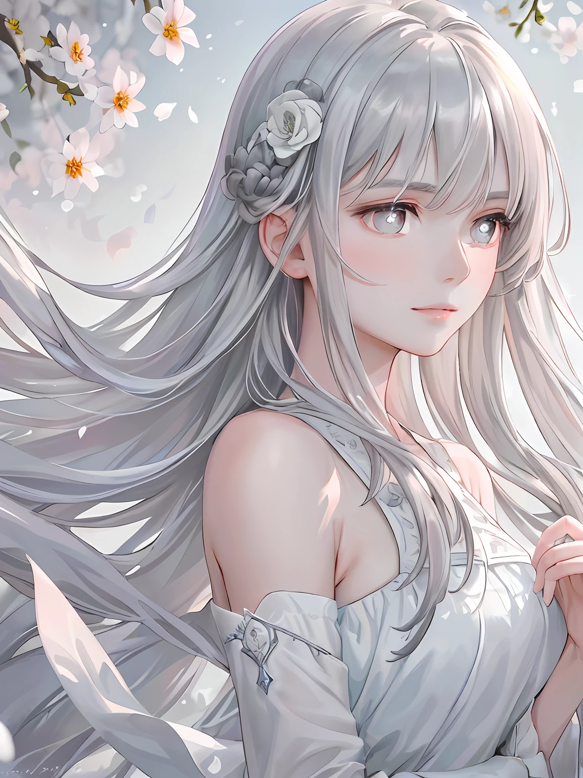 (masterpiece, high resolution, realistic portrait:1.3), an anime woman with an ethereal presence, portraying a serene sisterly figure, (long silver-white hair:1.2), cascading down her back, (light pink lips:1.1), gentle and calm, bangs elegantly framing her face, (gray pupils:1.4), radiating a sense of wisdom, standing in a cold wind, (realistic portrayal:1.1), delicate petals dancing in the air, (flower background:1.2), adding a touch of beauty and fragility, (calm and rational expression:1.1), portraying her composed nature, (delicate and serene face:1.2), capturing her tranquility, mid-shot focusing on her delicate features, (subtle wind-blown strands of hair:1.1), (background music:1.2), evoking a sense of calmness and introspection.