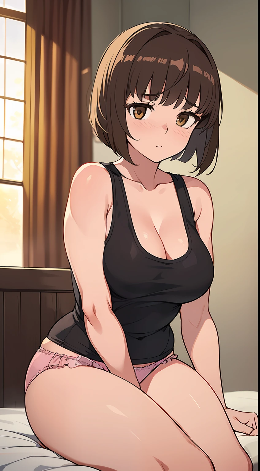 ((((kipteitei art)))), ((highres)),Masterpiece, high quality, best quality, beautiful, perfect lighting, detailed face, ultra cute face, ((1girl)), ((solo), brown hair, bob cut, bangs, ((fluffy hair)), brown eyes, nervous look, shy, tired, just woke up, blush, oversized tank top, pink panties, bedroom, sitting in bed, grabbing thighs, ((small breasts)), cleavage, perky breasts, wide hips, (thick thighs), soft body, 19 year old girl,