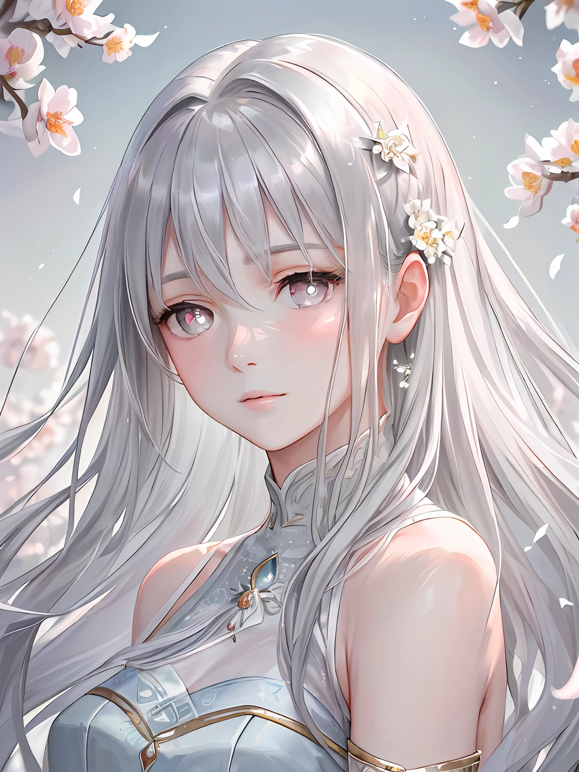 (masterpiece, high resolution, realistic portrait:1.3), an anime woman with an ethereal presence, portraying a serene sisterly figure, (long silver-white hair:1.2), cascading down her back, (light pink lips:1.1), gentle and calm, bangs elegantly framing her face, (gray pupils:1.4), radiating a sense of wisdom, standing in a cold wind, (realistic portrayal:1.1), delicate petals dancing in the air, (flower background:1.2), adding a touch of beauty and fragility, (calm and rational expression:1.1), portraying her composed nature, (delicate and serene face:1.2), capturing her tranquility, mid-shot focusing on her delicate features, (subtle wind-blown strands of hair:1.1), (background music:1.2), evoking a sense of calmness and introspection.