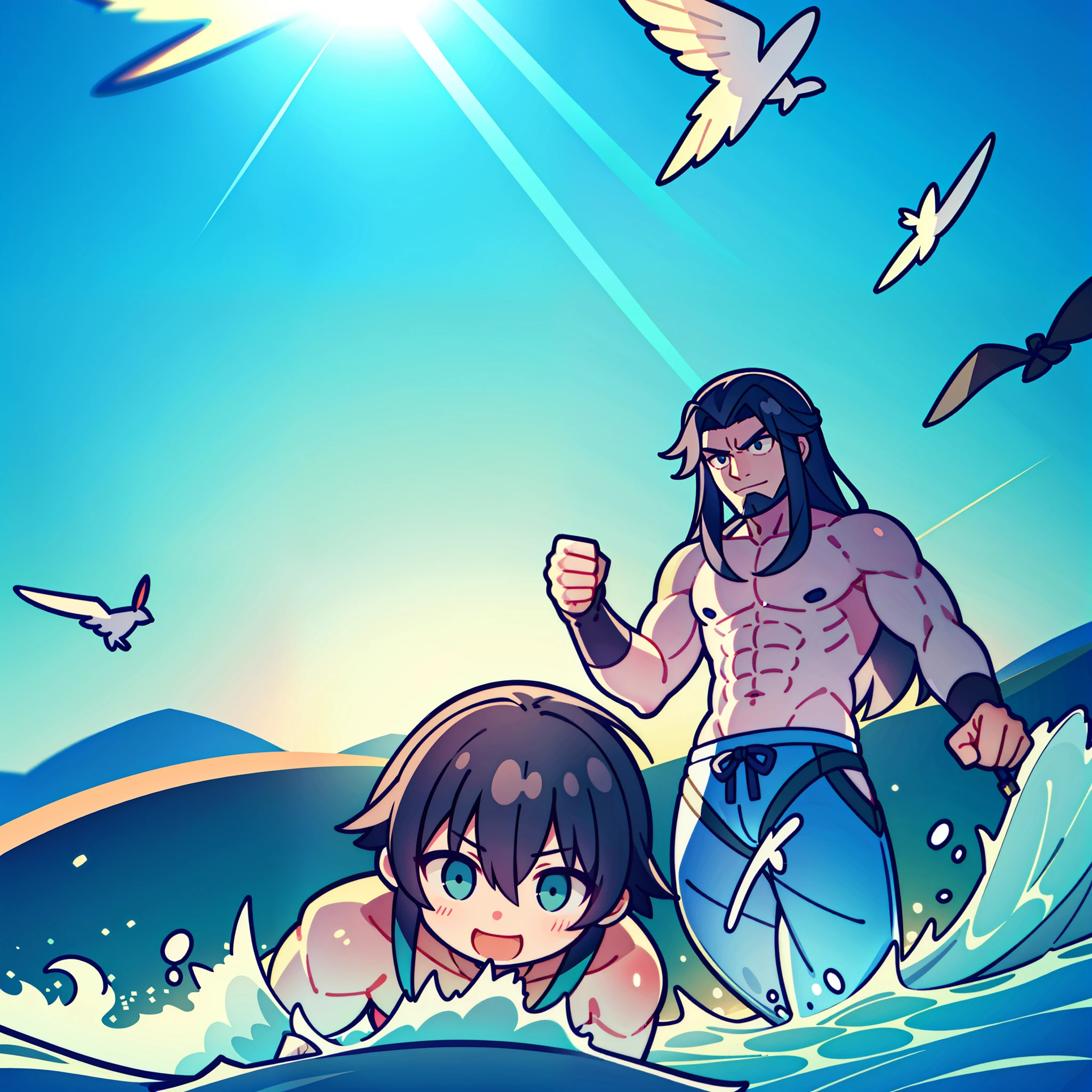 Next to a peaceful lake,The waves are gently waving under the blue sky。The lake is as calm as a mirror,Reflecting the surrounding scenery。Three heroic figures standing by the lake,They are Zhang Fei、Guan Yu and Liu Bei。
Zhang Fei was wearing green swimming trunks,musculous,Impressive。He raised his fist with a smile,Preparing to jump into the lake。His long black hair was flying,The spirit of courage seems to compete with the lake。
Guan Yu was dressed in blue swimming trunks,Hand holding a long knife。His expression was solemn,A pair of eyes firm and deep,It reveals great ambition and fearless courage。He stood by the lake,Gaze fondly at the lake,It was as if he had promised endless military ambitions against the lake。
Liu Bei was wearing white swimming trunks,Wear a red turban。He smiled,The calm and kind gaze is filled with wisdom and leadership。He stood by the lake,Gently touch the lake,It is as if you are feeling the subtlety and vitality of the lake。
The three heroes did not hesitate to jump into the lake,The momentum of the lying wave is surging。Splashes,Under the sunlight,Their posture is elegant and powerful,Swimming,Showcasing exceptional swimming skills and water-based。They compete with each other、Please,sneak、Leaping,Sprinkle waves everywhere you go,Paddle the tranquility of the lake。
The whole picture is full of pride and heroism,Three heroes are depicted freeing themselves in the water,Experience pure happiness and freedom。ao mesmo tempo,This picture also shows their unyielding persistence and beautiful yearning for the future,It shows them exploring in the waves、A brave spirit of struggle and conquest。2D Screen,