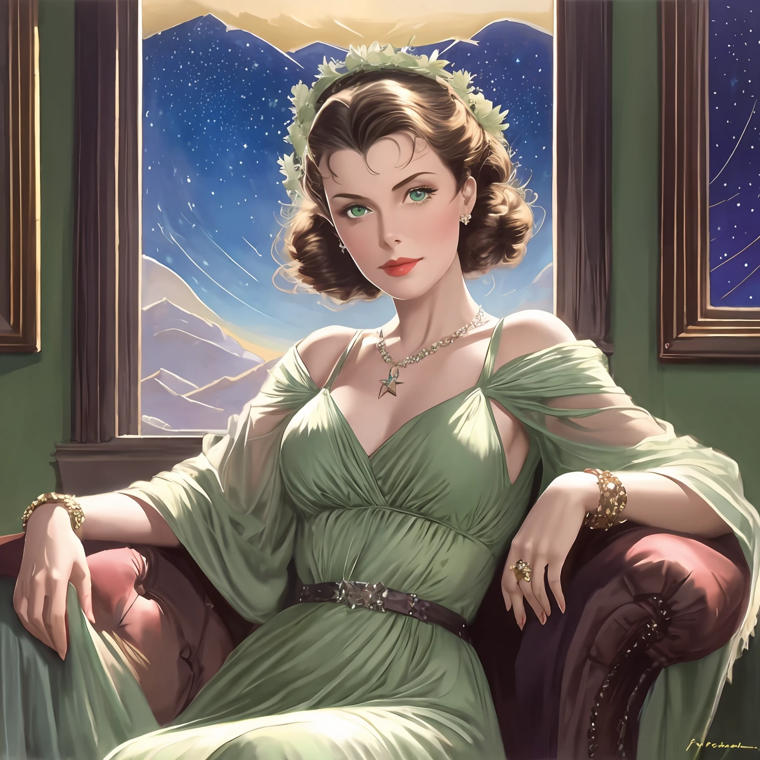 Bewitching green eyes Vivien Leigh in green and white dress sitting on a couch in front of a window, an art deco painting inspired by Art Frahm, tumblr, figurative art, art deco painting, baroque painting. star lit sky, art deco portrait, stars in her gazing eyes, hildebrandt, realistic art deco, francine van hove, celestial goddess, fantasy realism, blue night