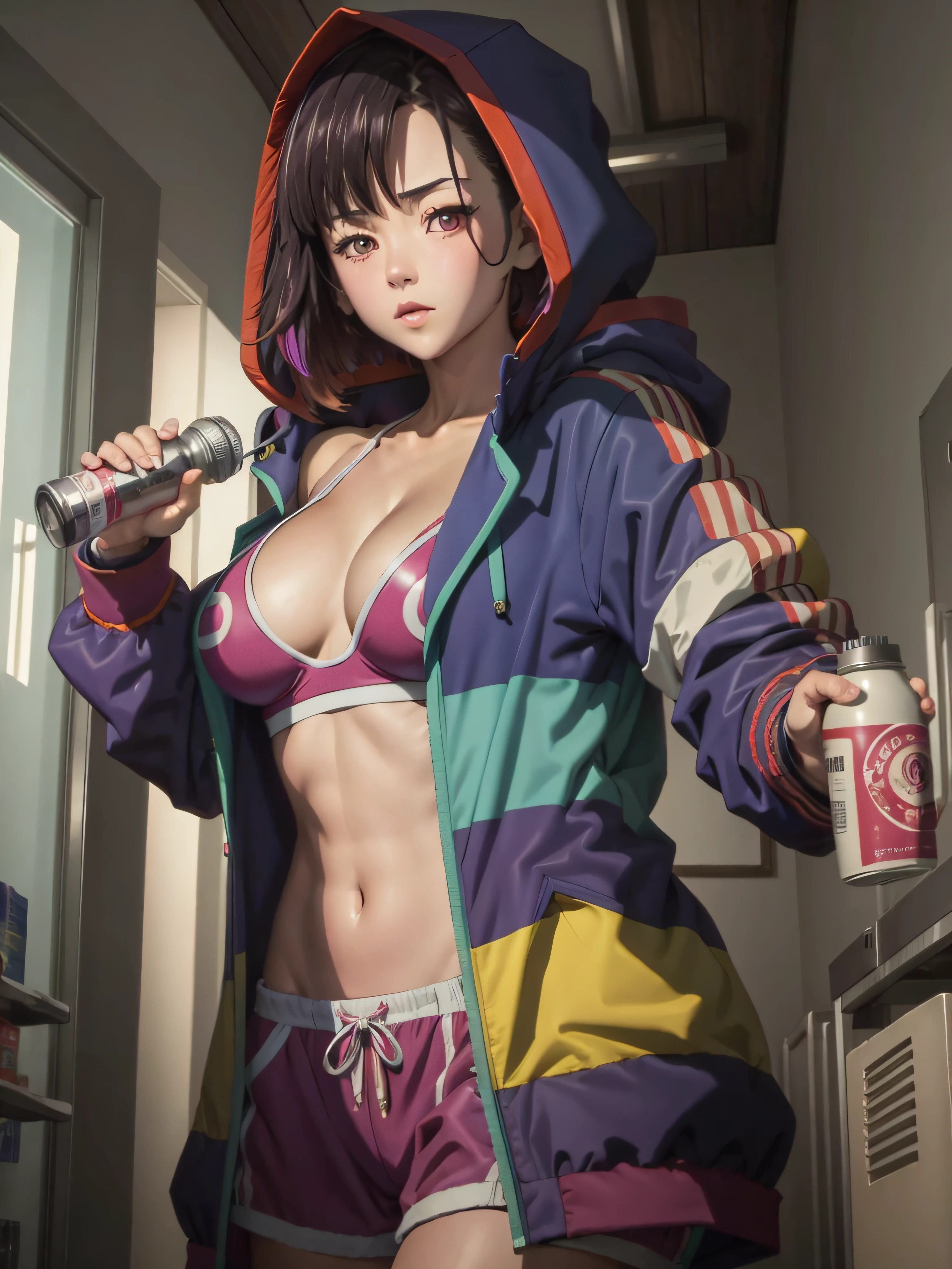 (((masterpiece))), ShizukaMikazuki, 1girl, solo, looking at viewer, short hair, black hair, navel, holding, cleavage, medium breasts, purple eyes, jacket, open clothes, midriff, hood, open jacket, hoodie, bottle, blue jacket, hooded jacket, hood up, sports bra, drinking, water bottle, multicolored jacket,