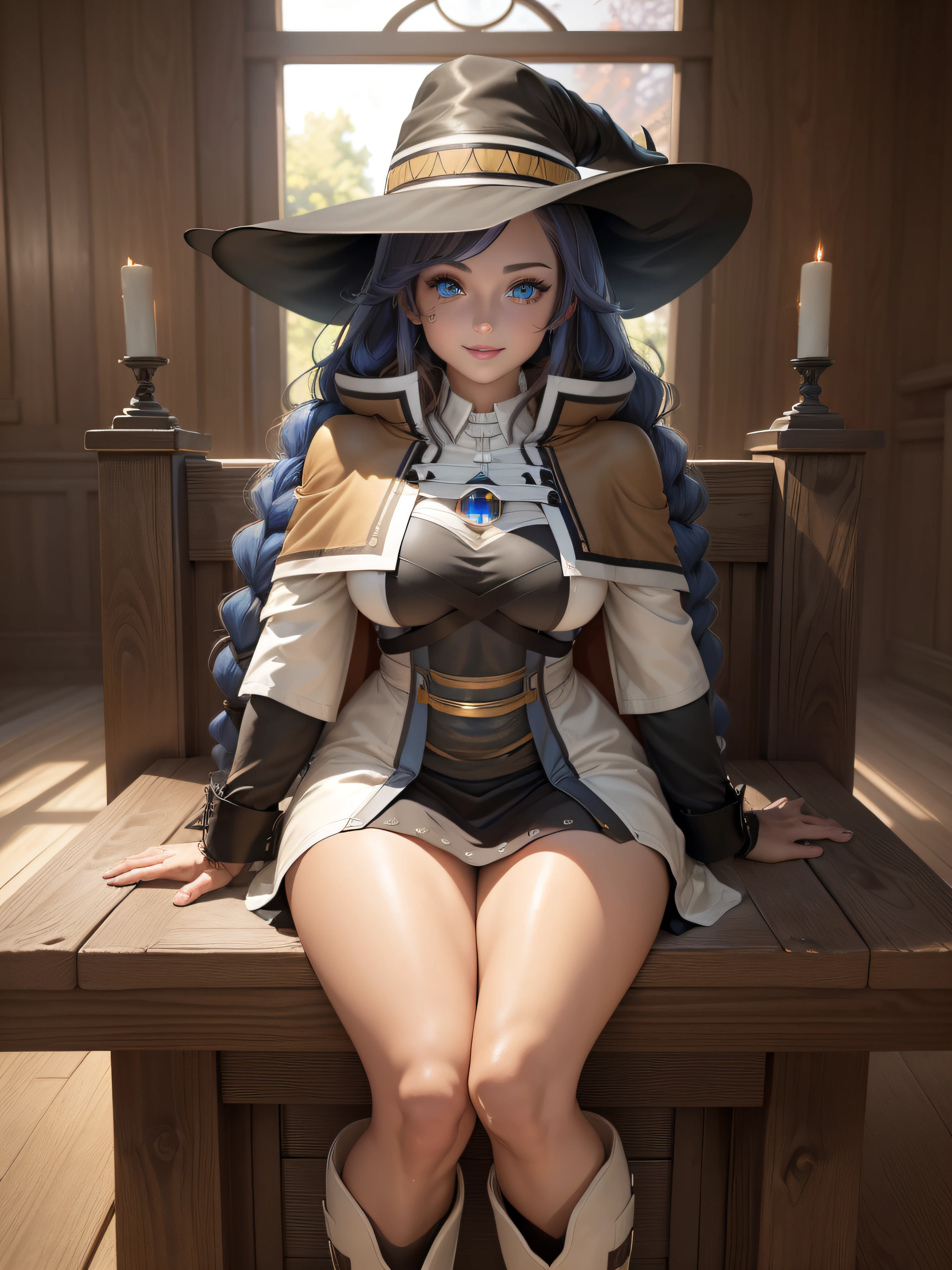 masterpiece, best quality, ultra-detailed, glistening shiny, glowing light, ray tracing, HDR, deph of field, (perfect face, detailed face, detailed eyes),(medium boobs:1.2),8k,HD,ultra realistic face,ray tracing,perfect lighting,best quality, ultra-detailed, shiny eyes, (looking at viewer,smile:1.1), ((1girl)), (gyaru, mature female:1.4),cowboy shot,thighs, roxy,long hair,((gradient hair)), gradient eyes, (glowing eyes:1.5), mascara, (fashion make up), parted lips,blush,skirt, long sleeves, hat,holding,twintails, very long hair,braid, boots, black skirt,cape, twin braids, black headwear, witch hat, white footwear, knee boots, crossed bangs,brown cape, brown capelet, ((guild lobby, round tables, counter, quest table, wooden pillars, large windows)),(complex background, many elements in the background:1.2),((super detailed background)), dynamic poses, ((8k wallpaper)),