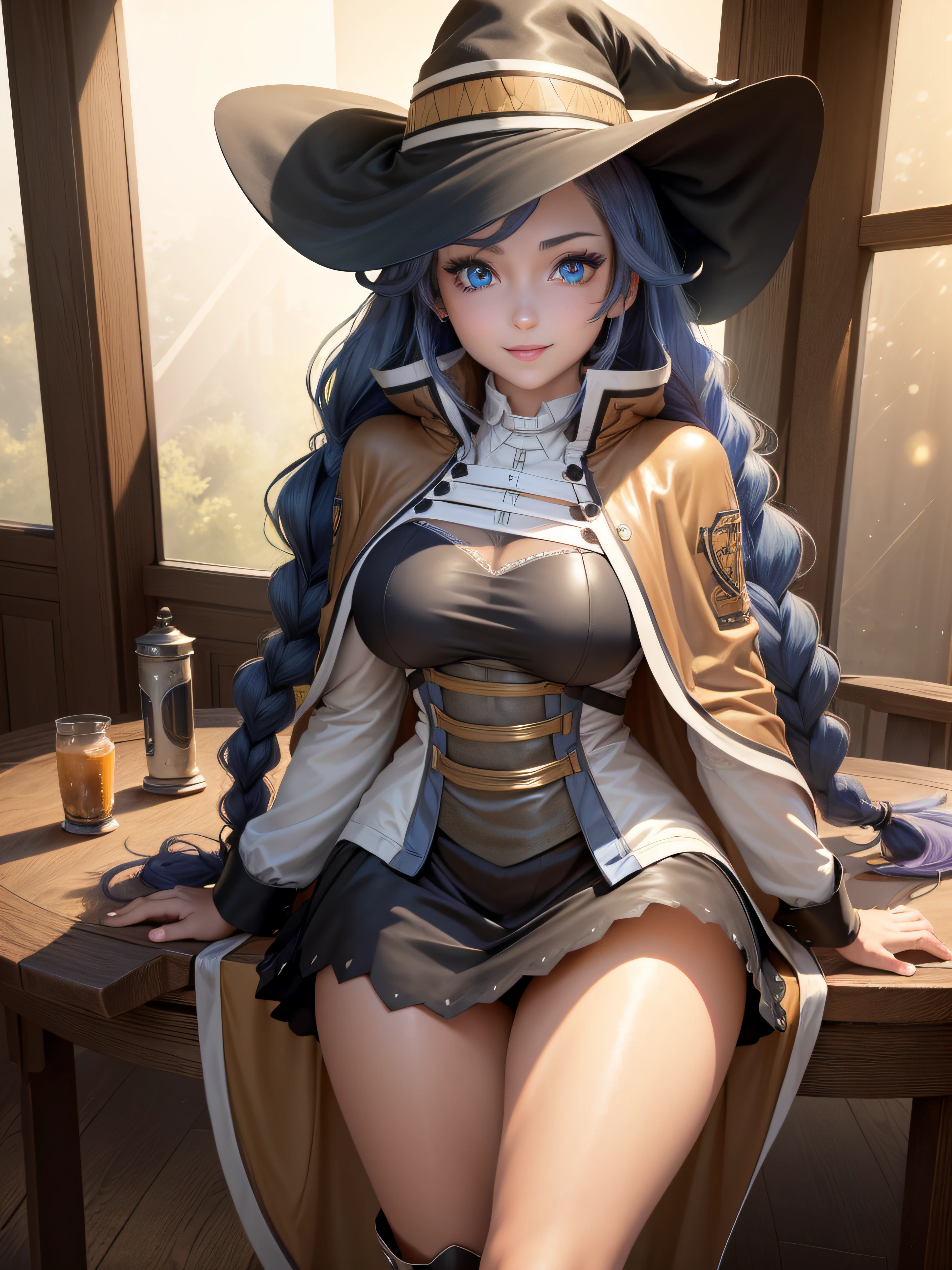 masterpiece, best quality, ultra-detailed, glistening shiny, glowing light, ray tracing, HDR, deph of field, (perfect face, detailed face, detailed eyes),(medium boobs:1.2),8k,HD,ultra realistic face,ray tracing,perfect lighting,best quality, ultra-detailed, shiny eyes, (looking at viewer,smile:1.1), ((1girl)), (gyaru, mature female:1.4),cowboy shot,thighs, roxy,long hair,((gradient hair)), gradient eyes, (glowing eyes:1.5), mascara, (fashion make up), parted lips,blush,skirt, long sleeves, hat,holding,twintails, very long hair,braid, boots, black skirt,cape, twin braids, black headwear, witch hat, white footwear, knee boots, crossed bangs,brown cape, brown capelet, ((guild lobby, round tables, counter, quest table, wooden pillars, large windows)),(complex background, many elements in the background:1.2),((super detailed background)), dynamic poses, ((8k wallpaper)),