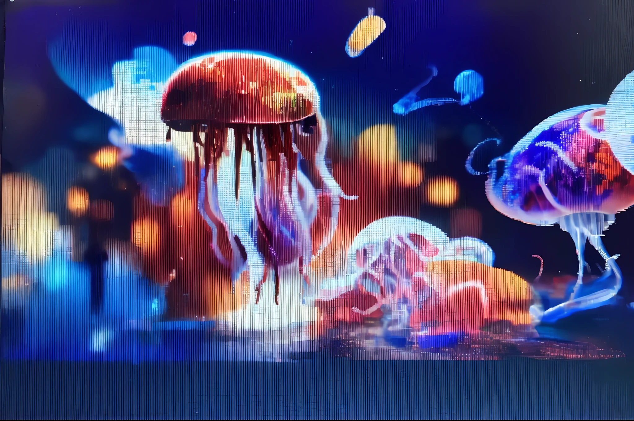 painting jellyfish in a sea of water with lights, cyberpunk jellyfish, Medusas, Aquarela altamente detalhada 8 K, Aquarela altamente detalhada 8K, neon jellyfish, Burger mixes jellyfish, Dance of the jellyfish, protetor de tela impressionante, its a deep dream, artistic 4 k, Arte NFT, Medusas, 8k highly detailed ❤️‍🔥 🔥 💀 🤖 🚀