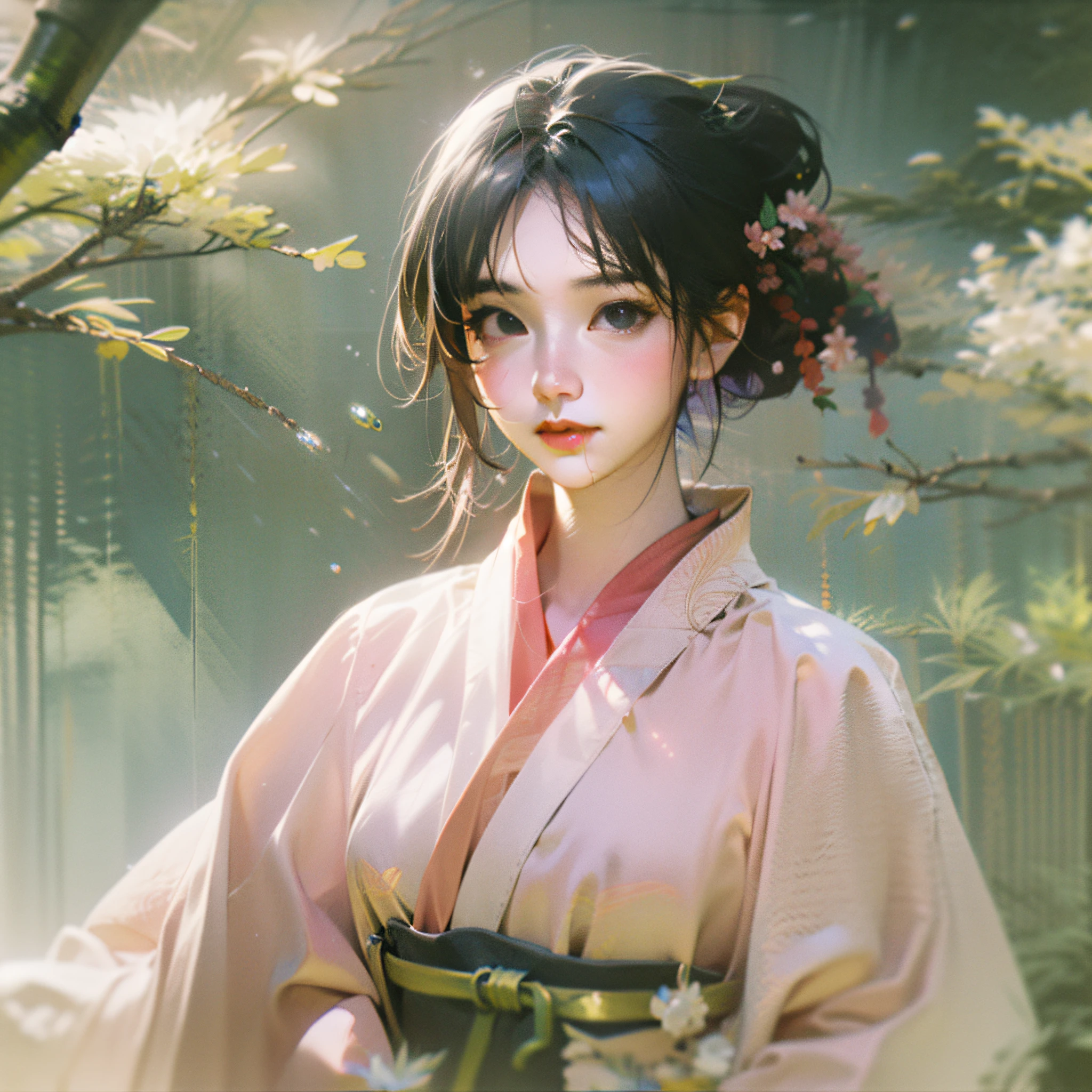 ((((An extremely delicate and beautiful work)))),A masterpiece,Beautiful girl,(Proper posture),(facial closeups),(ar old,lable),Front half,facing the front there,((Keep one's mouth shut))(Realistic facial features)(exquisite facial features),(Meticulous background portrayal),(the watercolor style),China-style,ancient wind,Republican style,Small family jasper,Beautiful and delicate girl,little tsundere,Black apricot eyes with vertical pupils,Clear eyes,long eyelasher,White cheeks,Moisturizes skin,Goose egg face,Glossy grapefruit lip stain,sparkling,Black clean short hair,Partially braided,Shiny crystal beads,pearls,Flowers,dew,fog atmosphere,Beautiful,Simple white round neck light pink hanfu short jacket,Republic of China costumes,Short jacket,Rounded wide sleeves,Yarn tent,Spring rain,Gangnam spring color,freshen,long eyelasher,Light,Thick coating,Colorful light and shadow,frontage