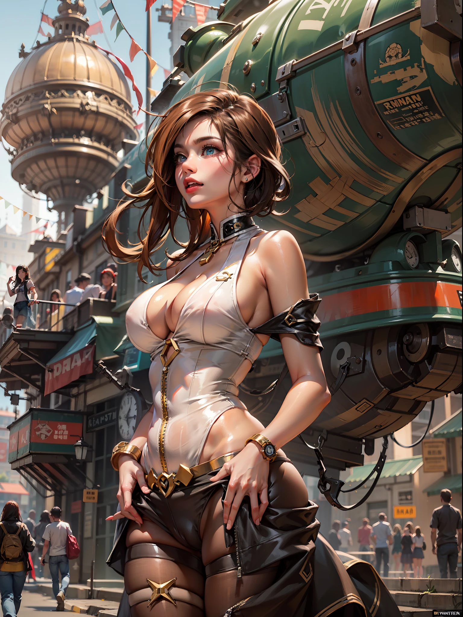 suggestive pose, random hair color, random eye color, tenebrism art style painting,oil on canvas,(((gigantic large natural sagging bosoms,very marked cameltoe))),steampunk airship background landscape,full steampunk clothes intricade detail, WLOP, sakimichan,Greg rutkowski, Alfonse mucha, makoto shinkai, stanley artgem lau, rossdraws, hyperrealistic,trending on Artstation, Unreal Engine 5, 8k,concept art,digital paint, splash art, splash paint, face portrait,grunge painting, by banksy, by greg tocchini, by james gilleard, by joe fenton, by kaethe butcher, insanely detailed, symmetrical, octane render, concept art, artistic, cinematic, ultra sharp focus, highly detailed, vibrant soul, perfection