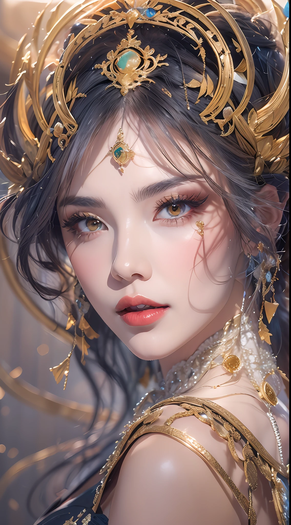 1 zodiac goddess from the future, wearing a thin silk dress, the goddess of the palace is beautiful, the goddess of the zodiac is wearing a colorful thin silk dress with sexy white and black lace trim, the goddess gives off a bow aura vibrant purple-pink zodiac, the stars have the shapes of the 12 zodiac, the goddess of the zodiac in a thin silk dress the golden zodiac with many black details, the mythical goddess of the 12 zodiac , zodiac ♏, royal zodiac style, dark and mysterious version, Full breasts, big and round breasts, well-proportioned and beautiful red lips, character by karol bak and pino daeni, intricate details, detailed background, many background objects, extremely detailed, magic light, a woman, long hair dyed in seven colors and neatly tied up, mold the face is clearly drawn without scars, the face is beautiful and the eyes are proportionate, the red lips are pretty and attractive, the eyes are big and round and the makeup is very beautiful and detailed, far focus, thin silk dress ,page hair jewelry, neck jewelry, dress jewelry, arm and thigh jewelry, goddess leg jewelry, mystical jewelry, zodiac goddess portrait, (upper body of zodiac goddess: 1.8), wings loose arms, sexy and seductive zodiac goddess, (space: 1.8), (galaxy: 1.7), aurora, lightning, (aurora background: 1.8 ), beautiful eyes, beautiful eyes photo , the goddess of beauty and flowers,