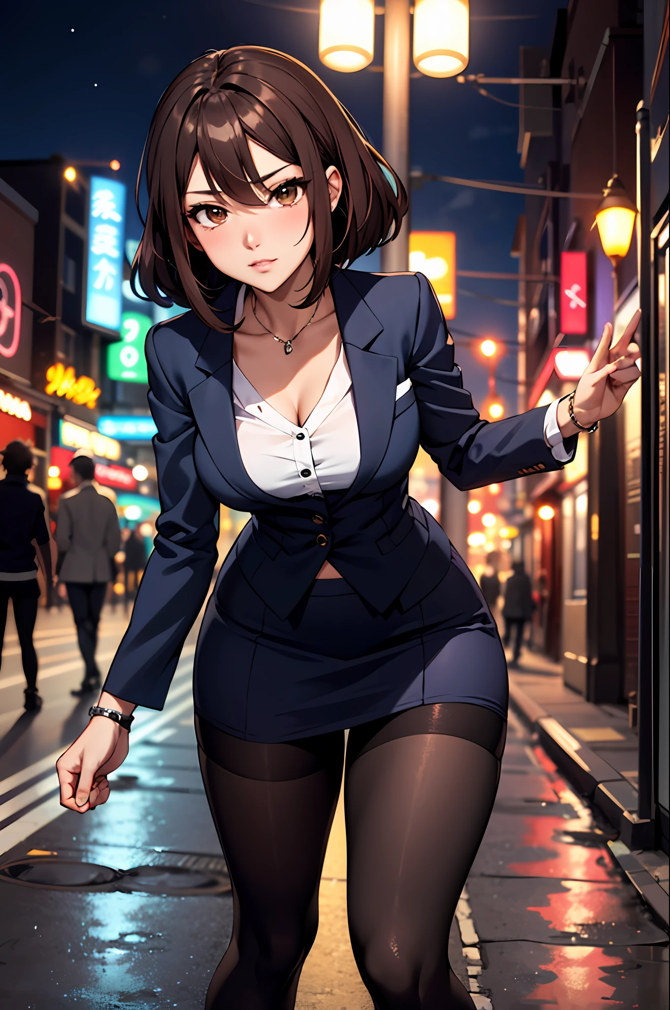 Bewitching anime girl in blue suit and tight skirt、Black tights,Inviting look、black top and brown hair,,,Ecchi anime style, bending forward,Kamimei,Red Light District at Night,neons