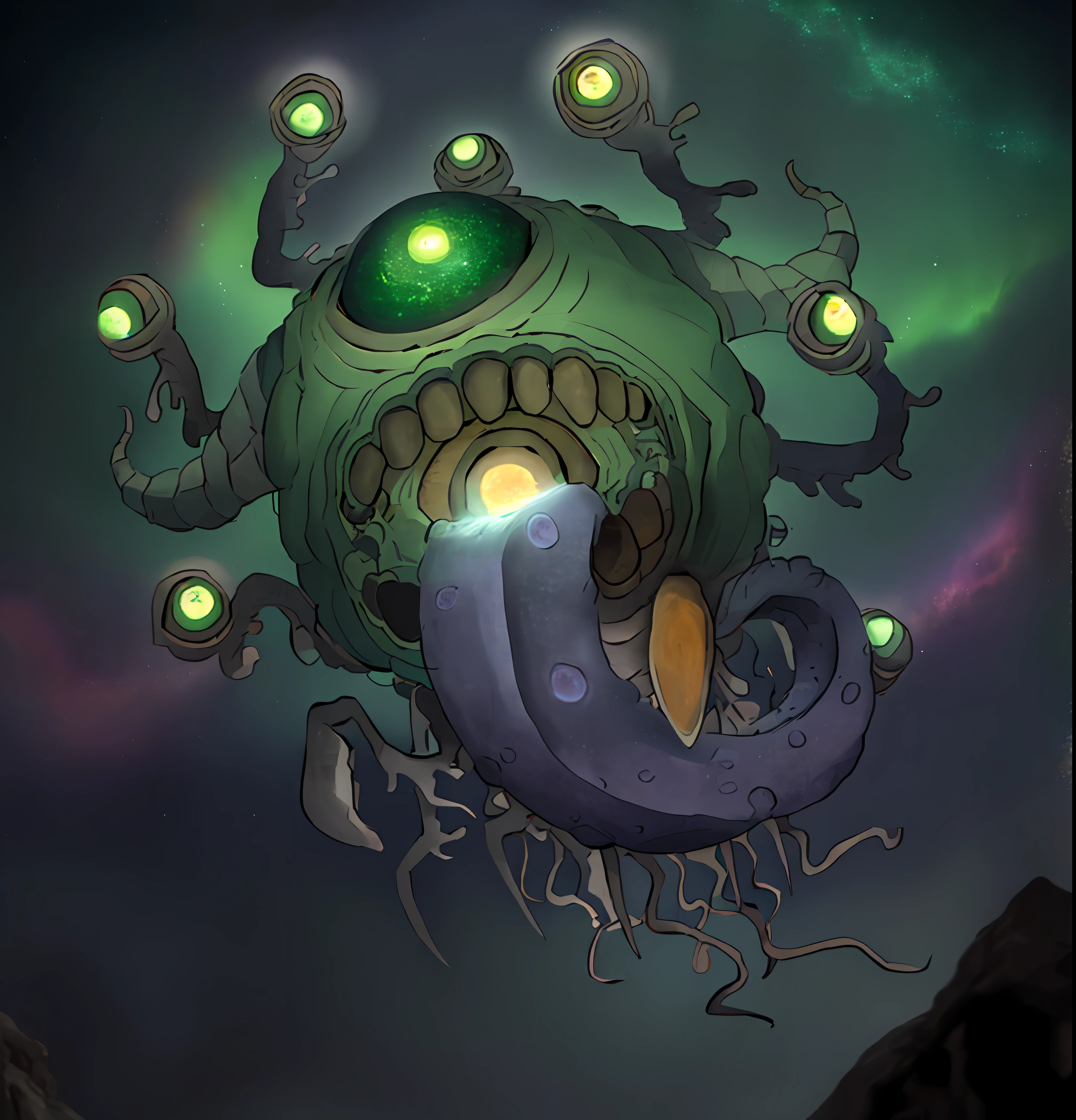 - Light Green Observer flying in a dark sky of stars, giant brain, Eldritch, multiple eyes