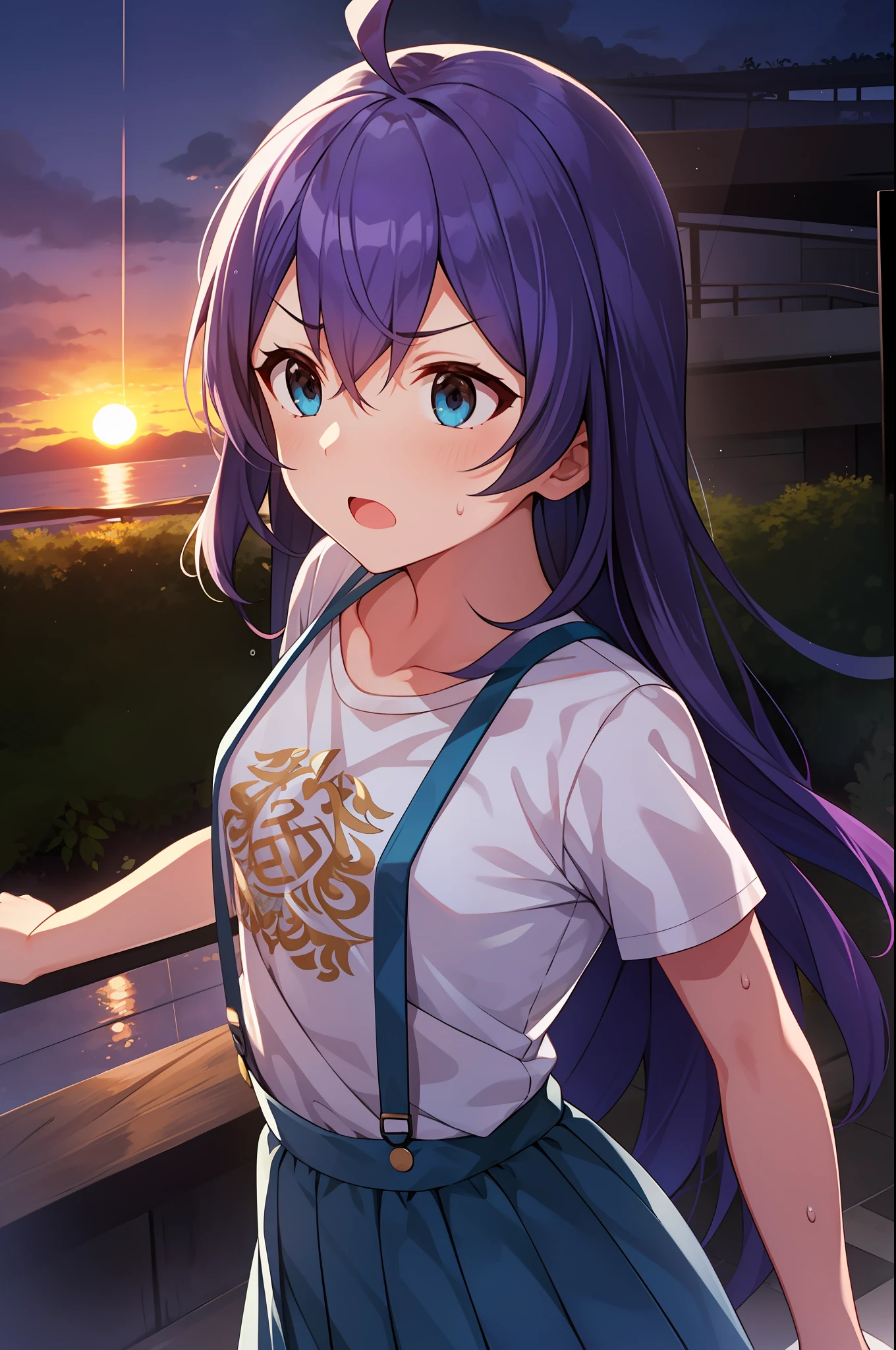 mochizuki anna,1girl in,Solo,Long hair,Purple hair,Medium chest.Ahoge,Blue eyes.Short stature.white t-shirts.suspenders.Skirt.Evening glow.the setting sun.Despair face.Sweat.Opening Mouth.up chest.Fighting stance.