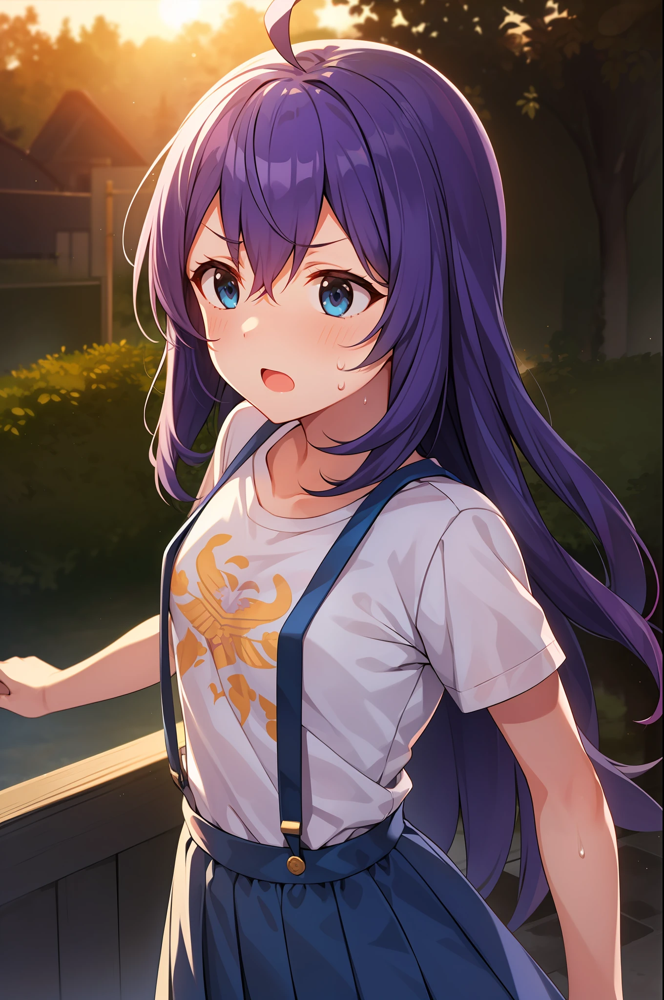 mochizuki anna,1girl in,Solo,Long hair,Purple hair,Medium chest.Ahoge,Blue eyes.Short stature.white t-shirts.suspenders.Skirt.Evening glow.the setting sun.Despair face.Sweat.Opening Mouth.up chest.Fighting stance.