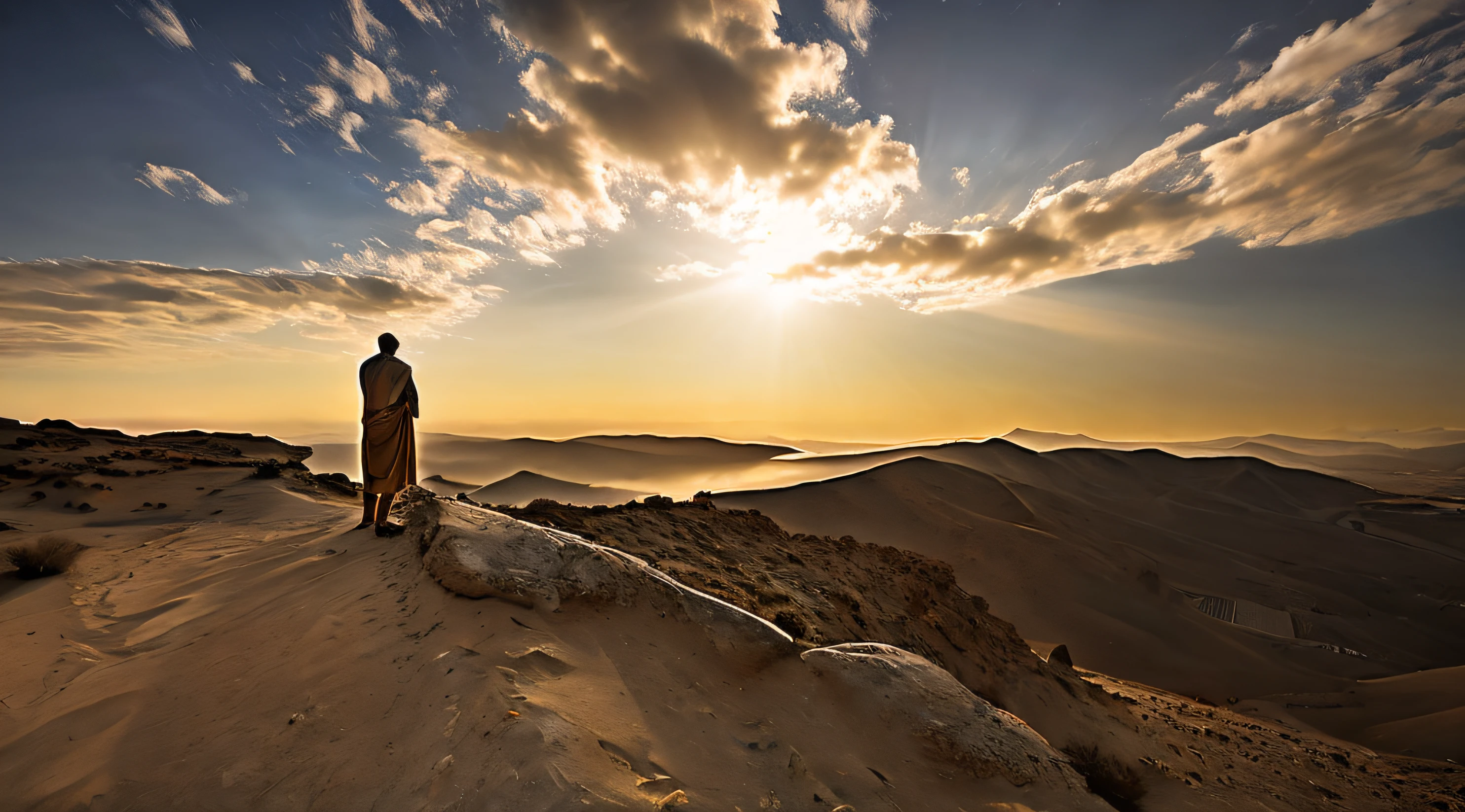 Ancient Israel、Biblical times、1st century、Biblical Stories、((Thin old man with severe skin diseases))、((Look up at the sky and pray))、Upper body naked、Wasteland、Suffering face,、8K、Raw photography、top-quality、masterpiece:1.5、ultra-lightweighthigh-resolution、Photorealsitic:1.5、ciinematic light、soft volumetric lighting:1.5、realisitic、Photorealsitic:1、Detailed skin、profetional lighting、a picture、foco nítido、detaileds、profetional lighting、photon maping、detailed and intricate environment、ighly detailed、top-quality、Artistic photography、photorrealistic concept art、soft natural volumetric cinematic perfect light、Midjourney、Detailed hand、