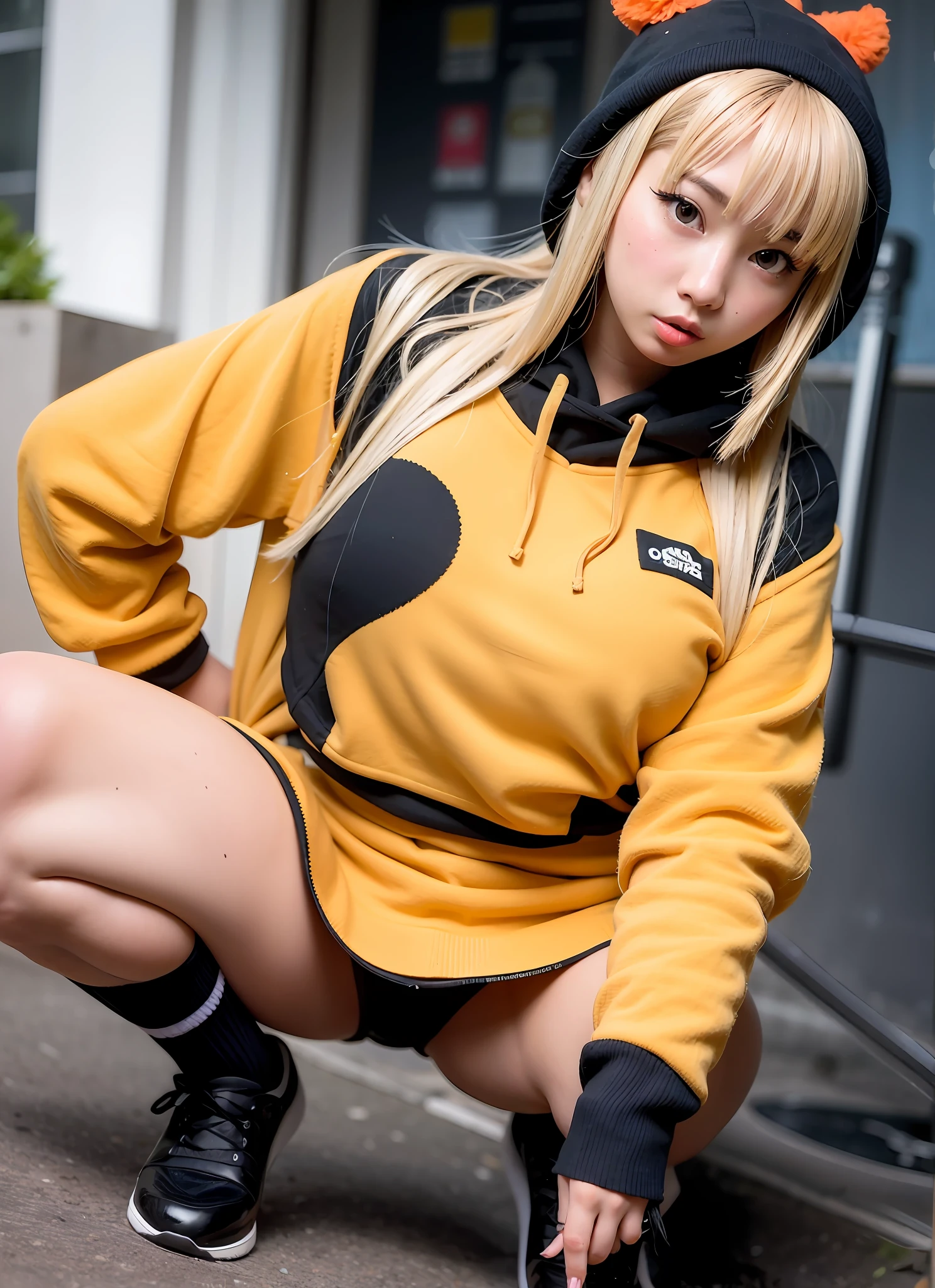 High quality,Ganguro,Kogal,japanese gal,Black skin,blonde with black damage at the root,,,,,,Messy uniform,Pleated miniskirt,Bored face,Ganguro makeup,Fancy accessories,Oversized Messy Hoodie,Dynamic Angle,huge lips,Bimbo,Awkward long socks,Squat,tokio city,Smoking,